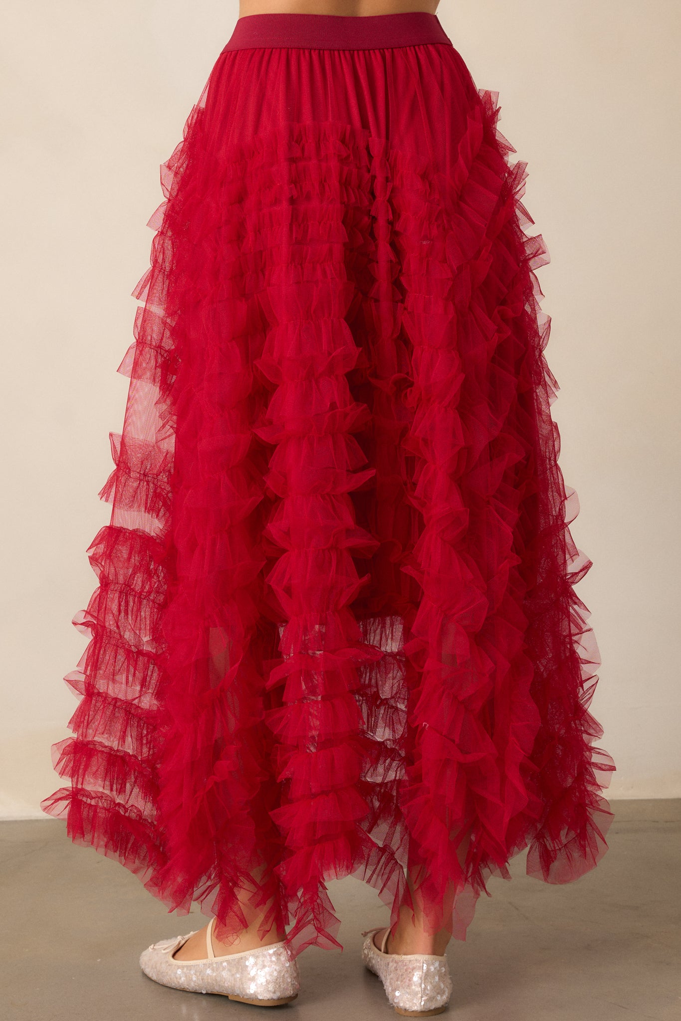 Shopping Spree Red Tulle Midi Skirt