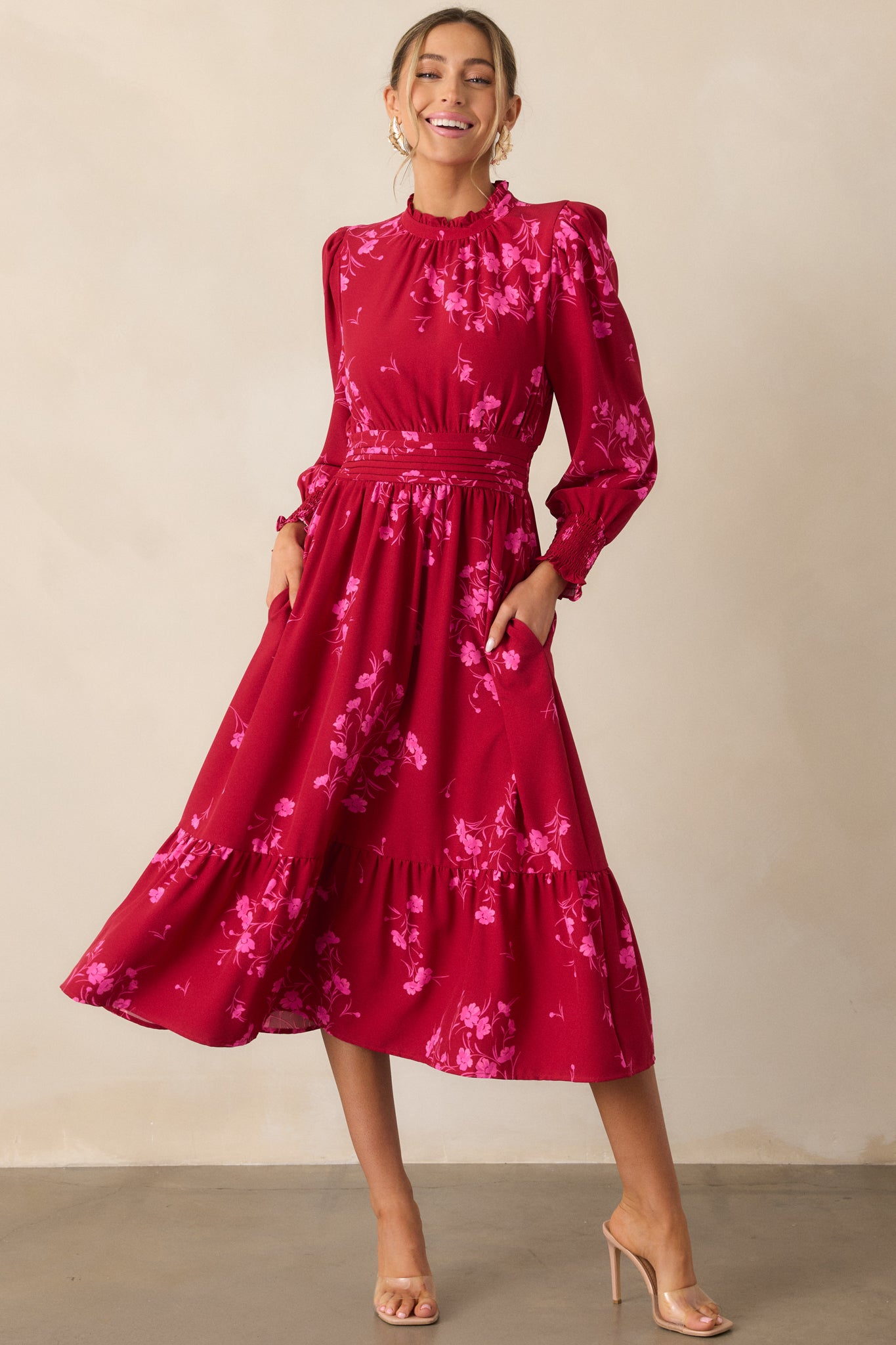 Flower Shop Stop Cherry Pink Floral Long Sleeve Midi Dress