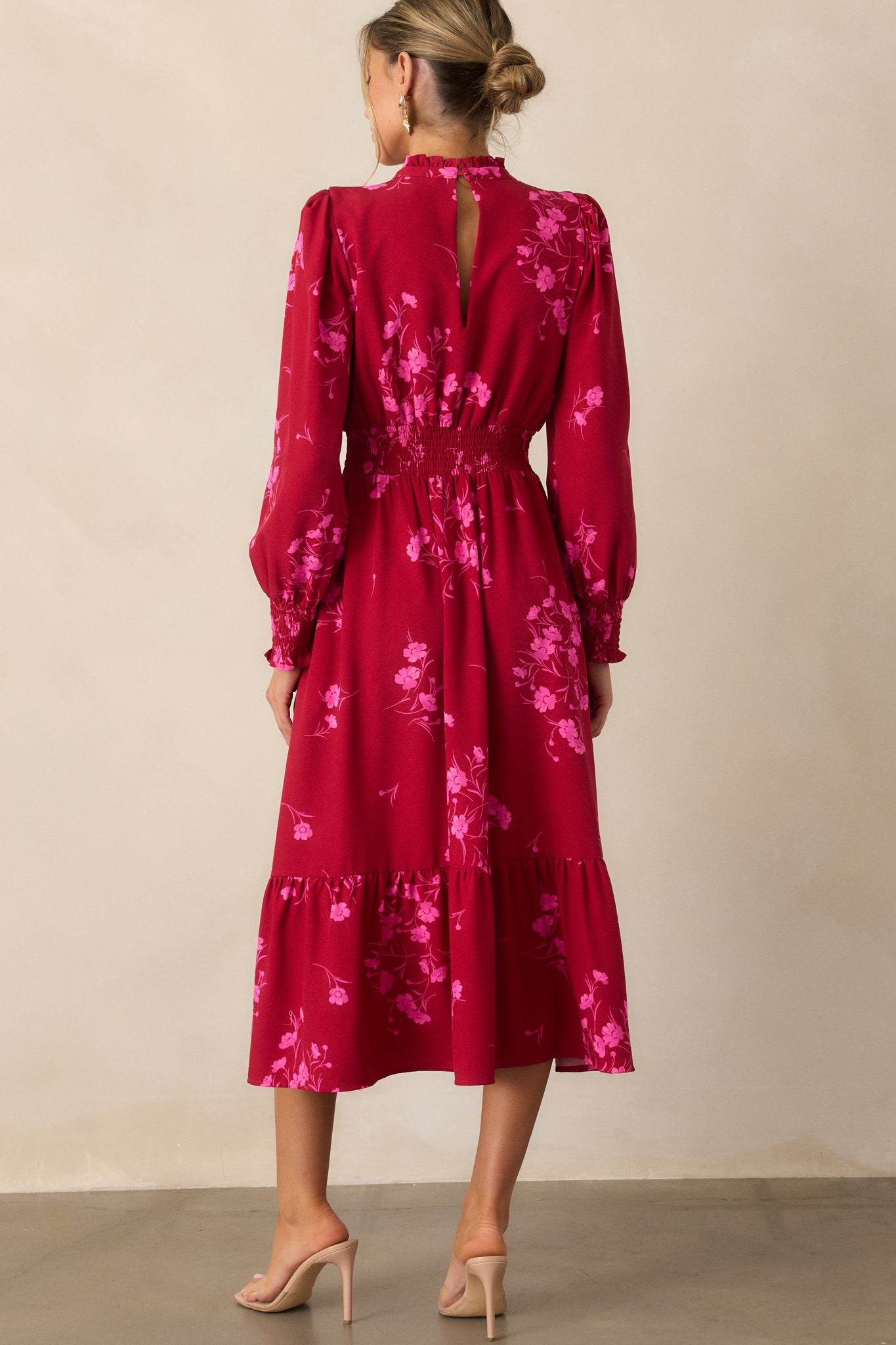 Flower Shop Stop Cherry Pink Floral Long Sleeve Midi Dress