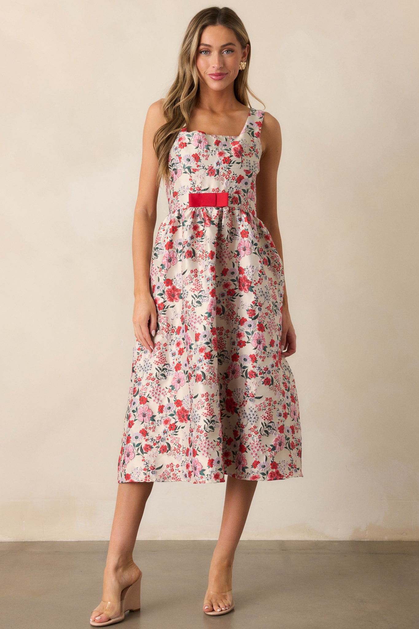 Sunlit Mornings Red Floral Jacquard Midi Dress