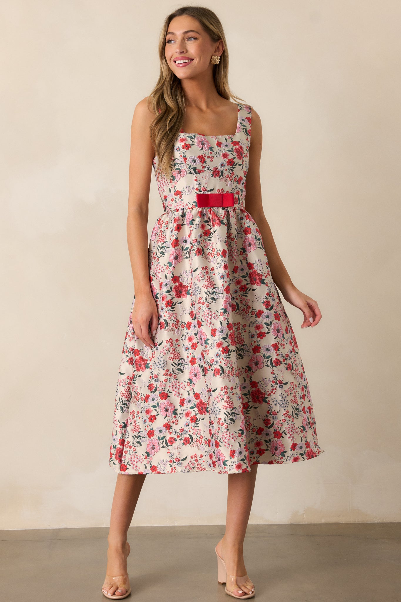 Sunlit Mornings Red Floral Jacquard Midi Dress