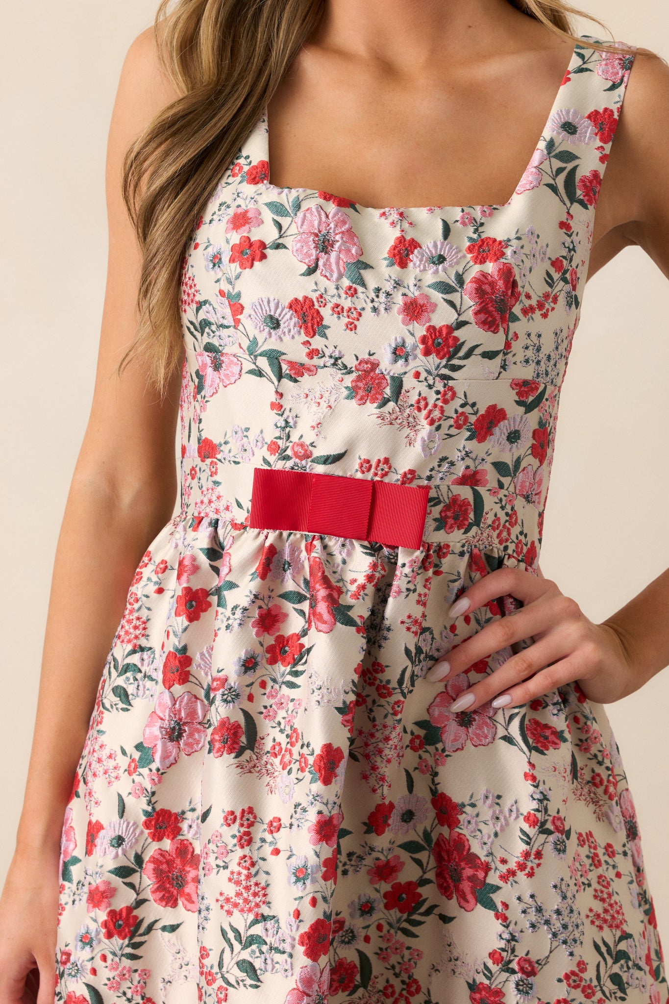 Sunlit Mornings Red Floral Jacquard Midi Dress