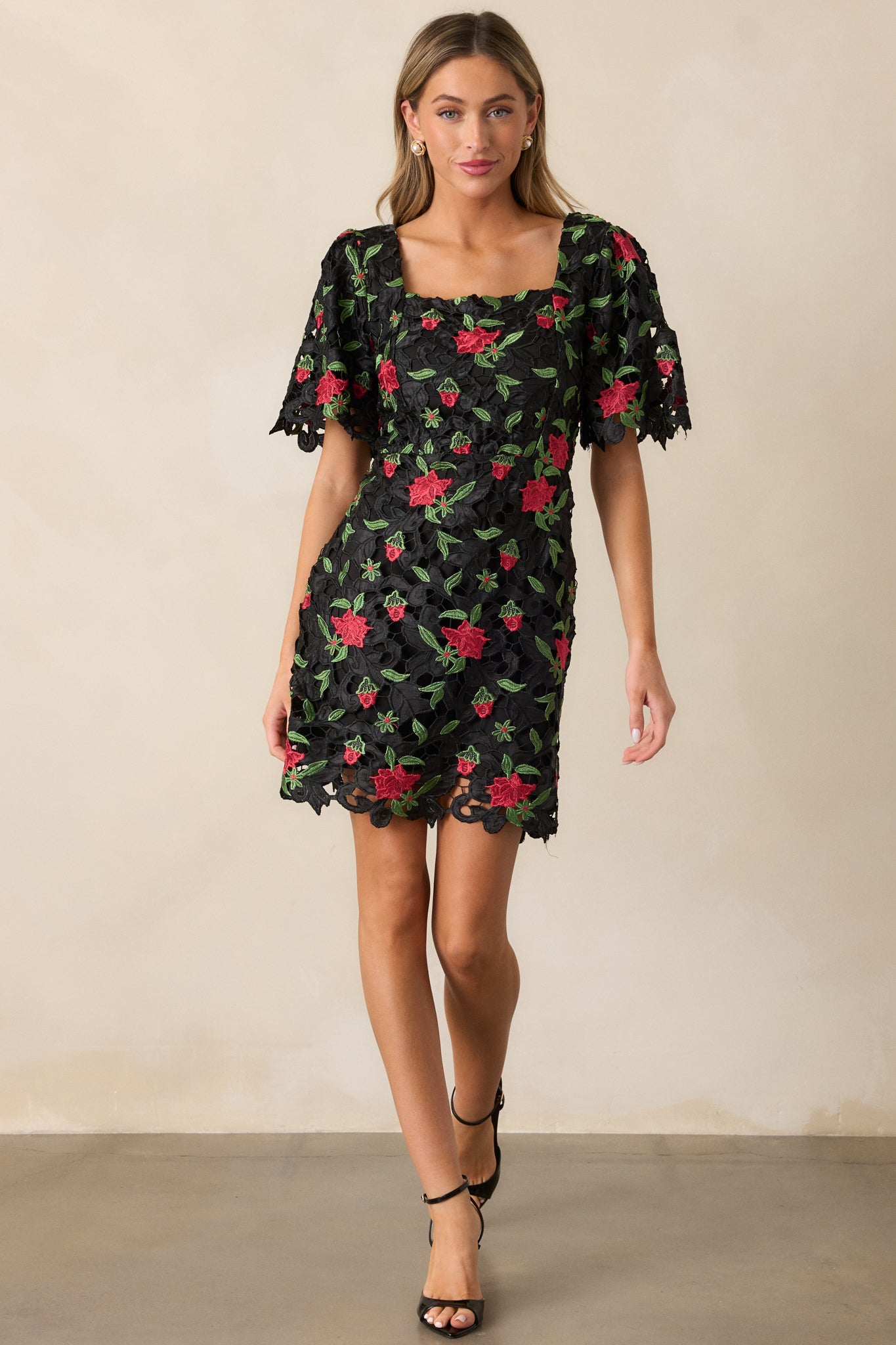 Rosebud Dreams Black Lace Embroidered Mini Dress