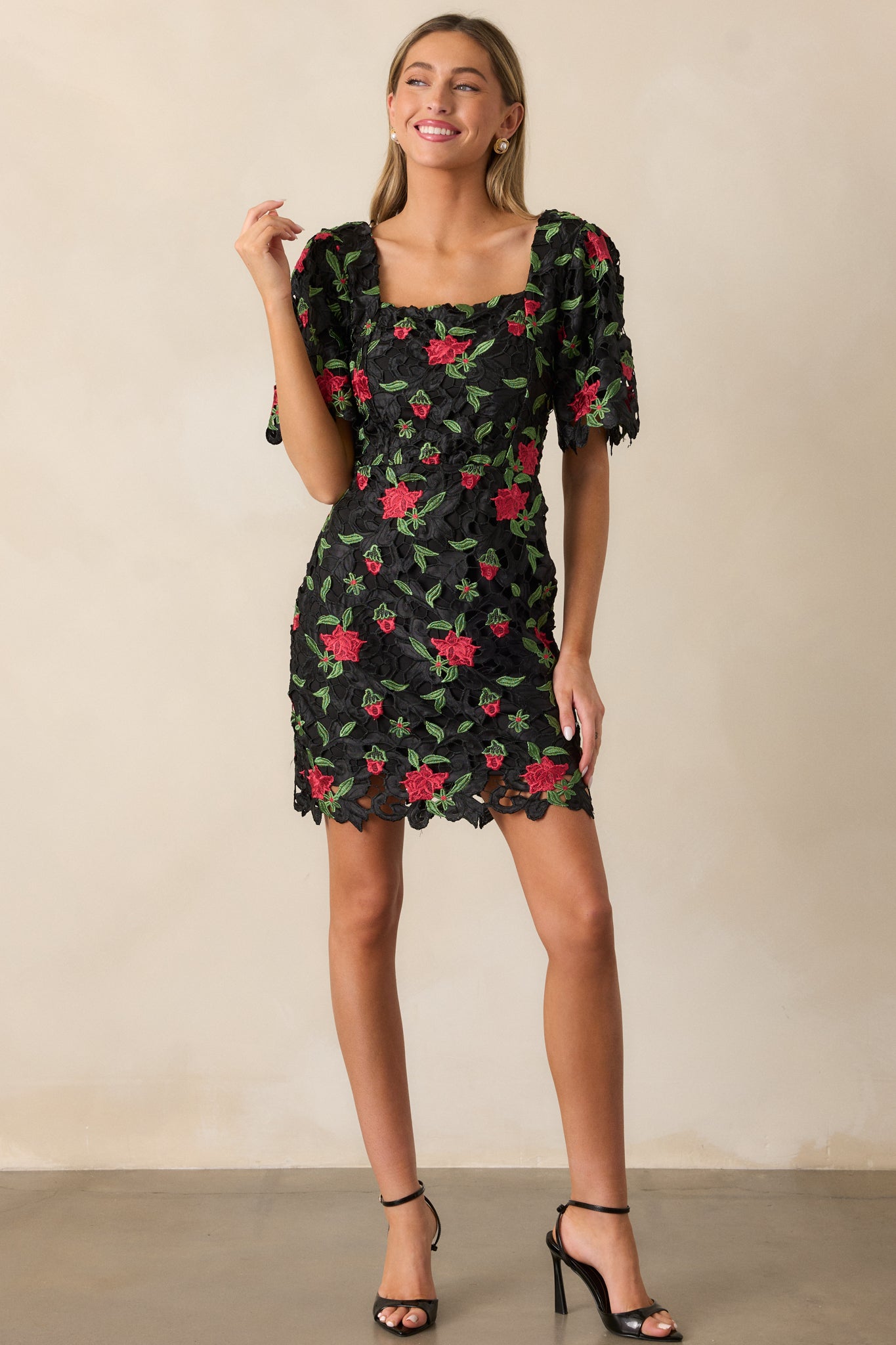 Rosebud Dreams Black Lace Embroidered Mini Dress