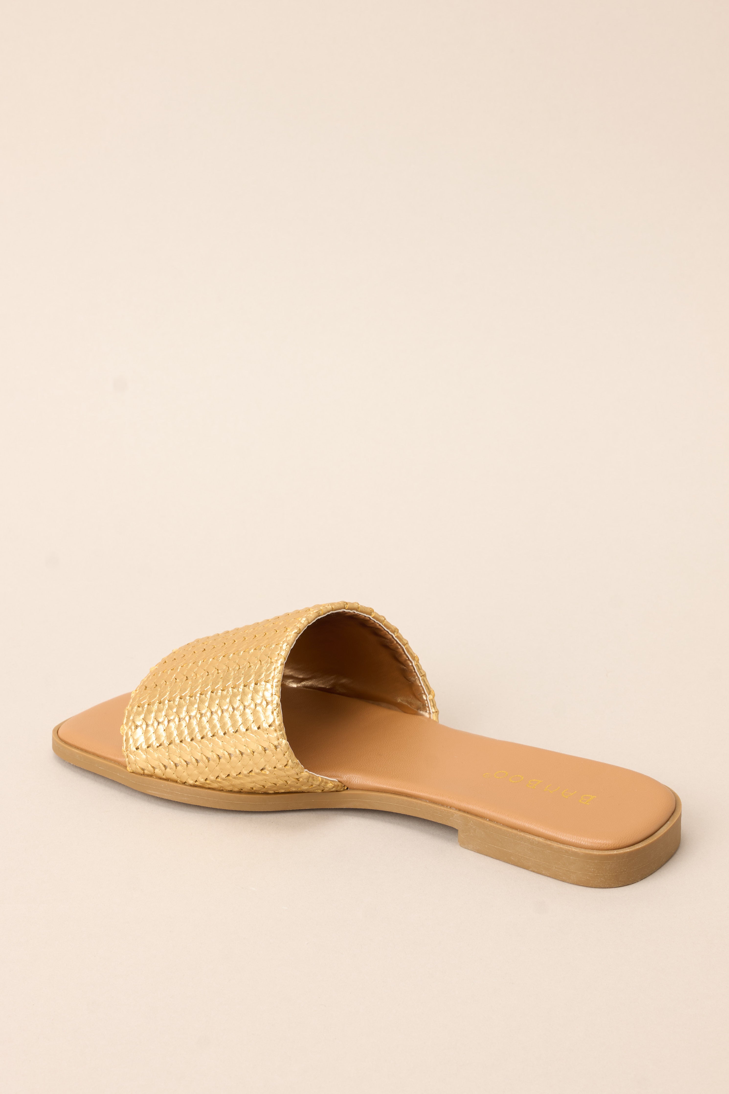 Inner-side view of these sandals that feature a gold detailed strap over the foot and a slip-on style.