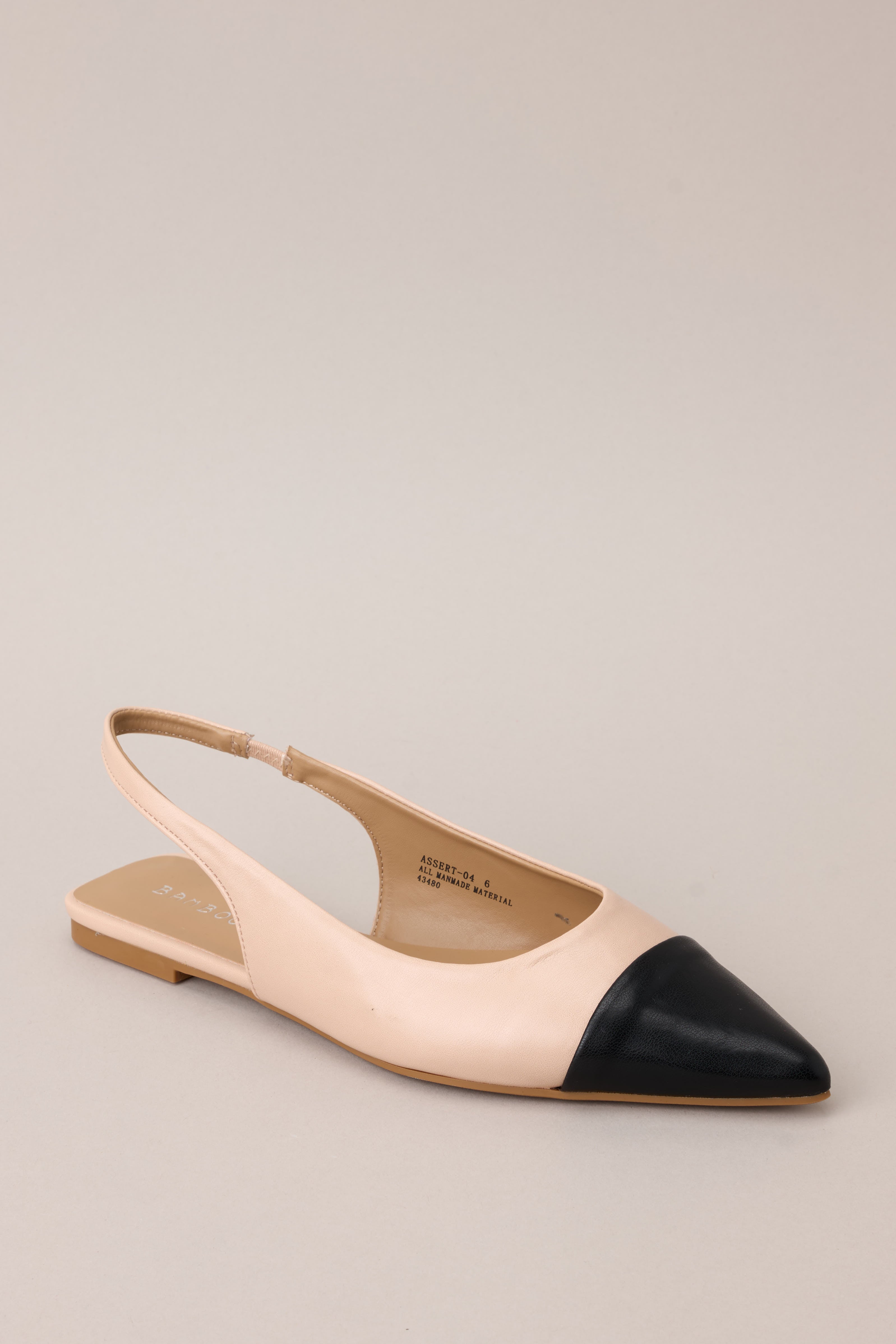 Outer-side view of these flats that feature a pointed toe, a color block design, and non adjustable strap.