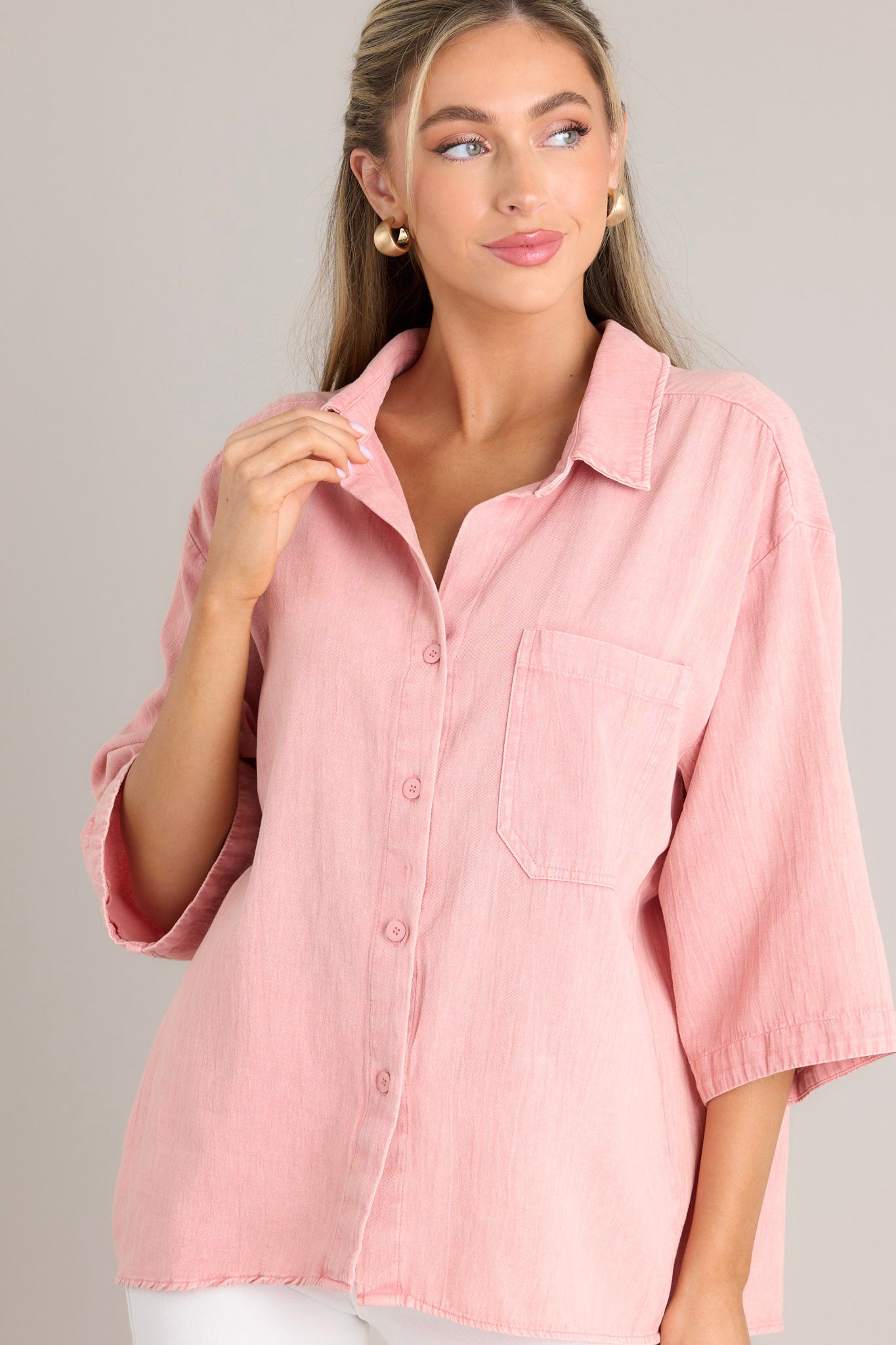 Mellow Moods Seashell Pink 100% Cotton Button Front Top