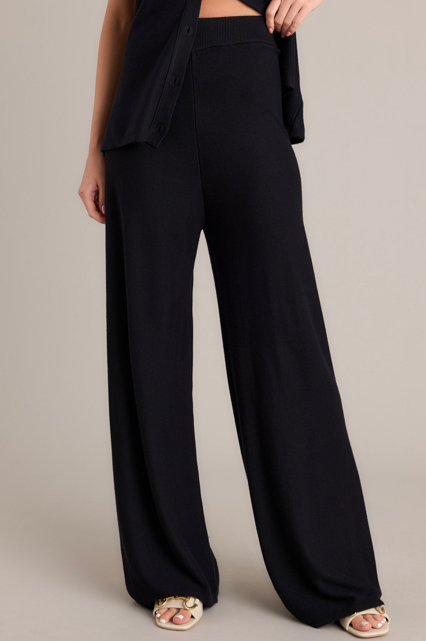 Front view of these black pants featuring a high waisted design, a thick elastic waistband, a super soft material, and a wide leg.