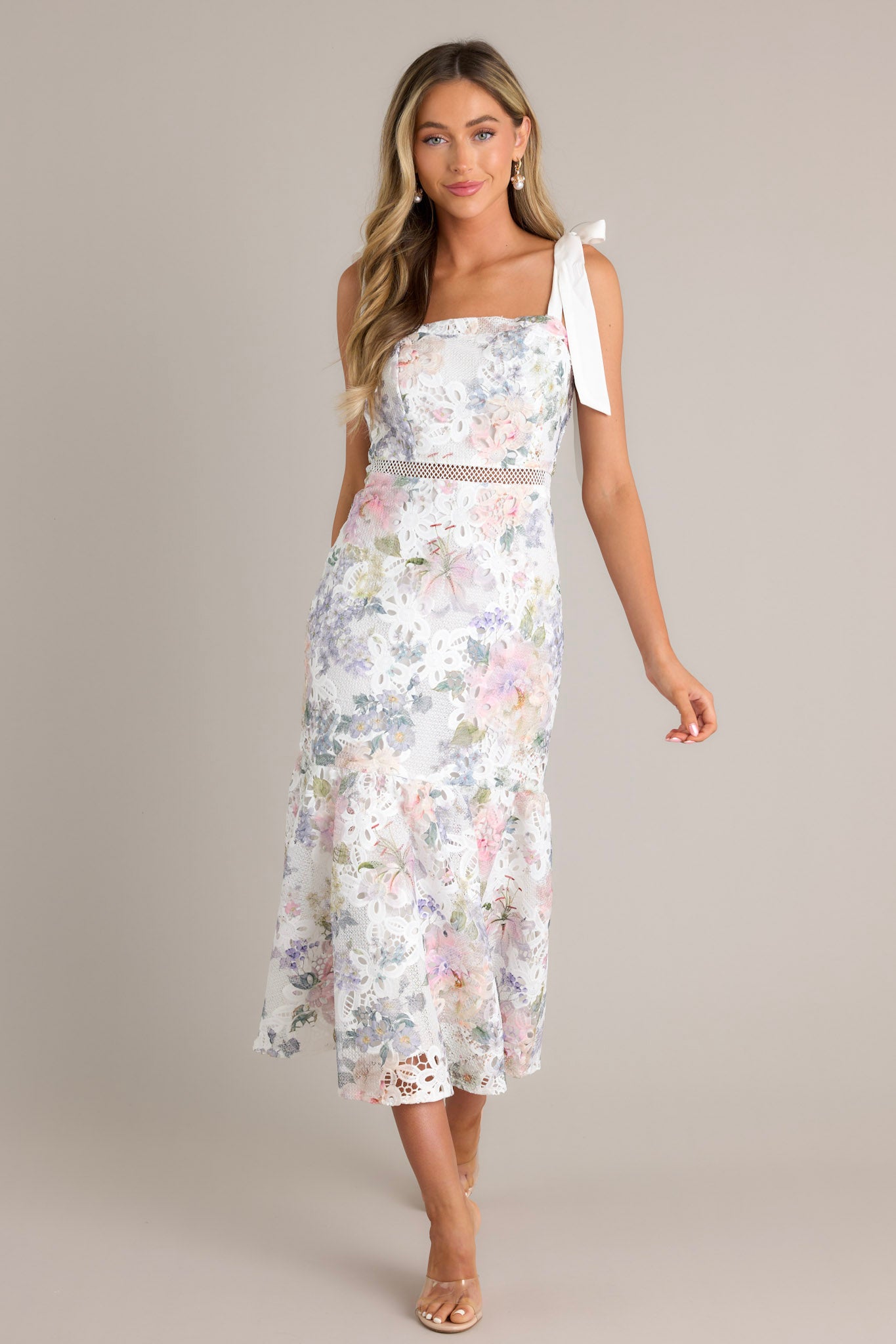 Lace, Ivory, Floral midi dress with a fitted silhouette, ribbon ties for the straps, a flared hemline, and a knitted overlay on the waist.