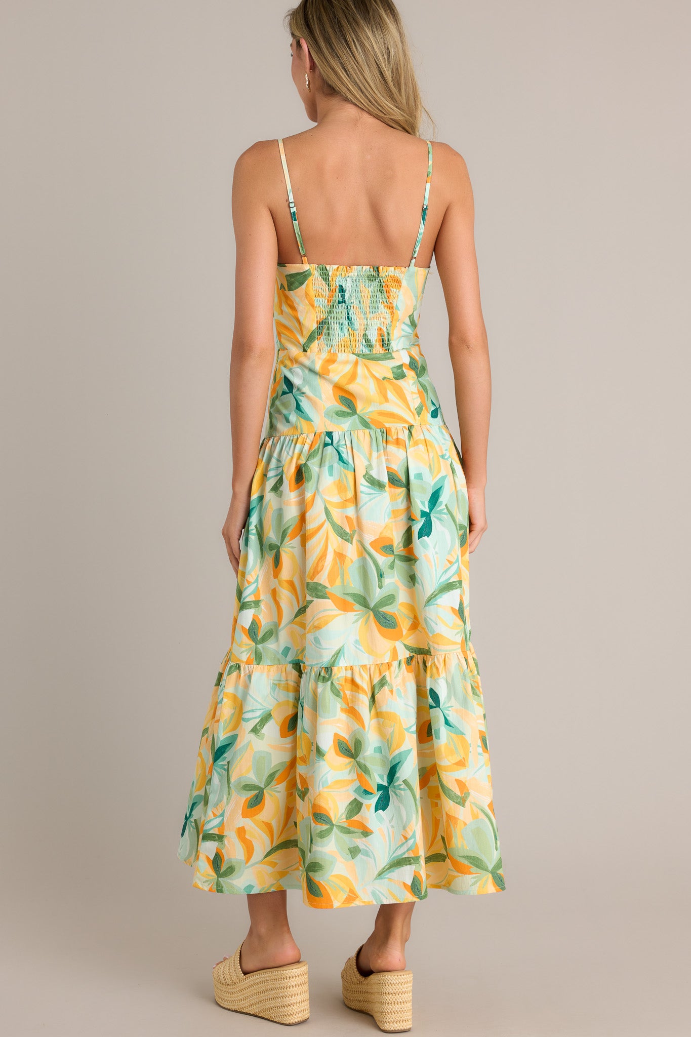 Back view of a yellow midi dress highlighting the smocked back insert, tiered design, and overall fit.