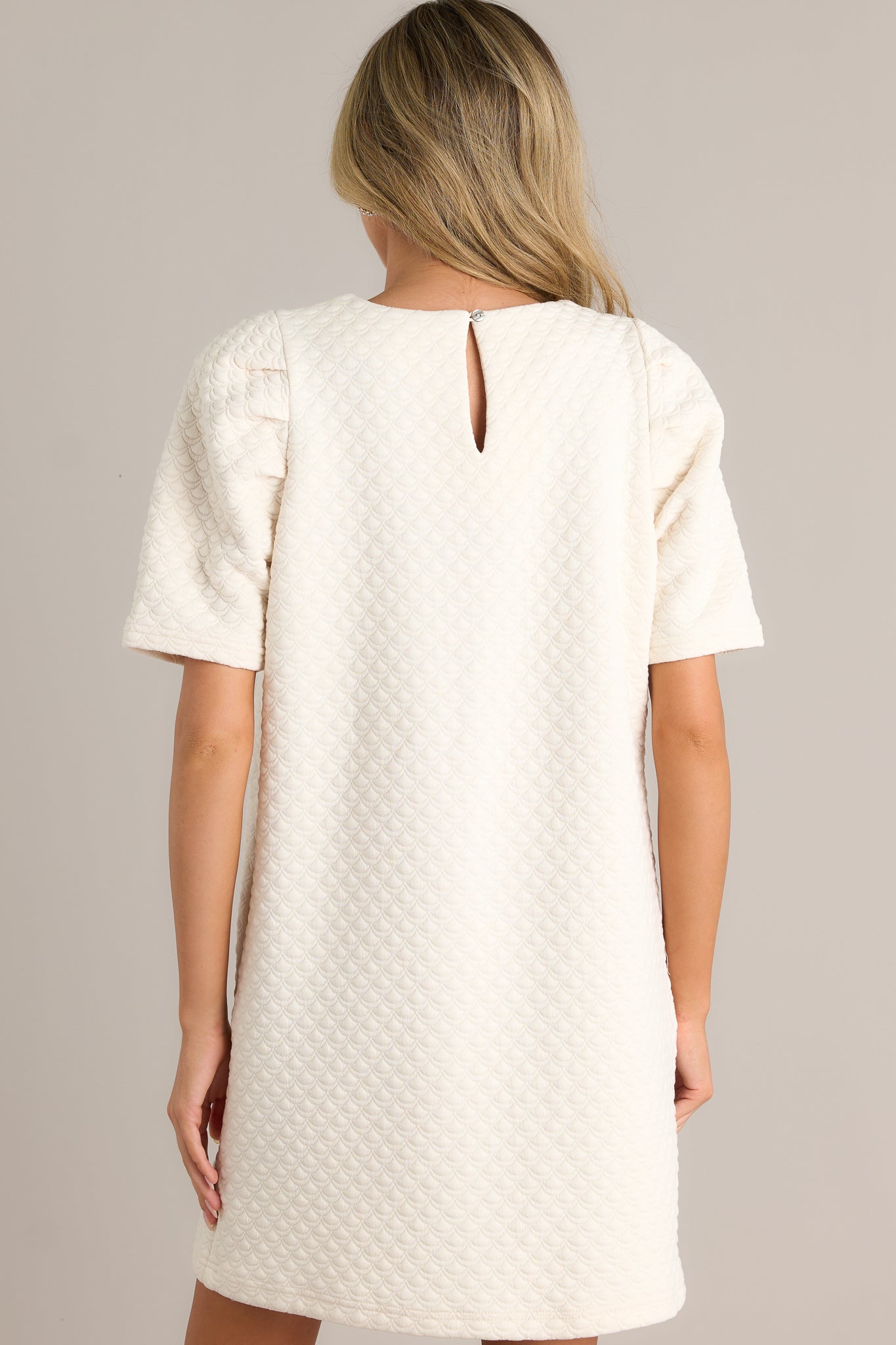 Back view of this ivory dress featuring a crew neckline, rhinestone embellishments around neckline, puff sleeves, a textured material, and a back cutout with loop closure.