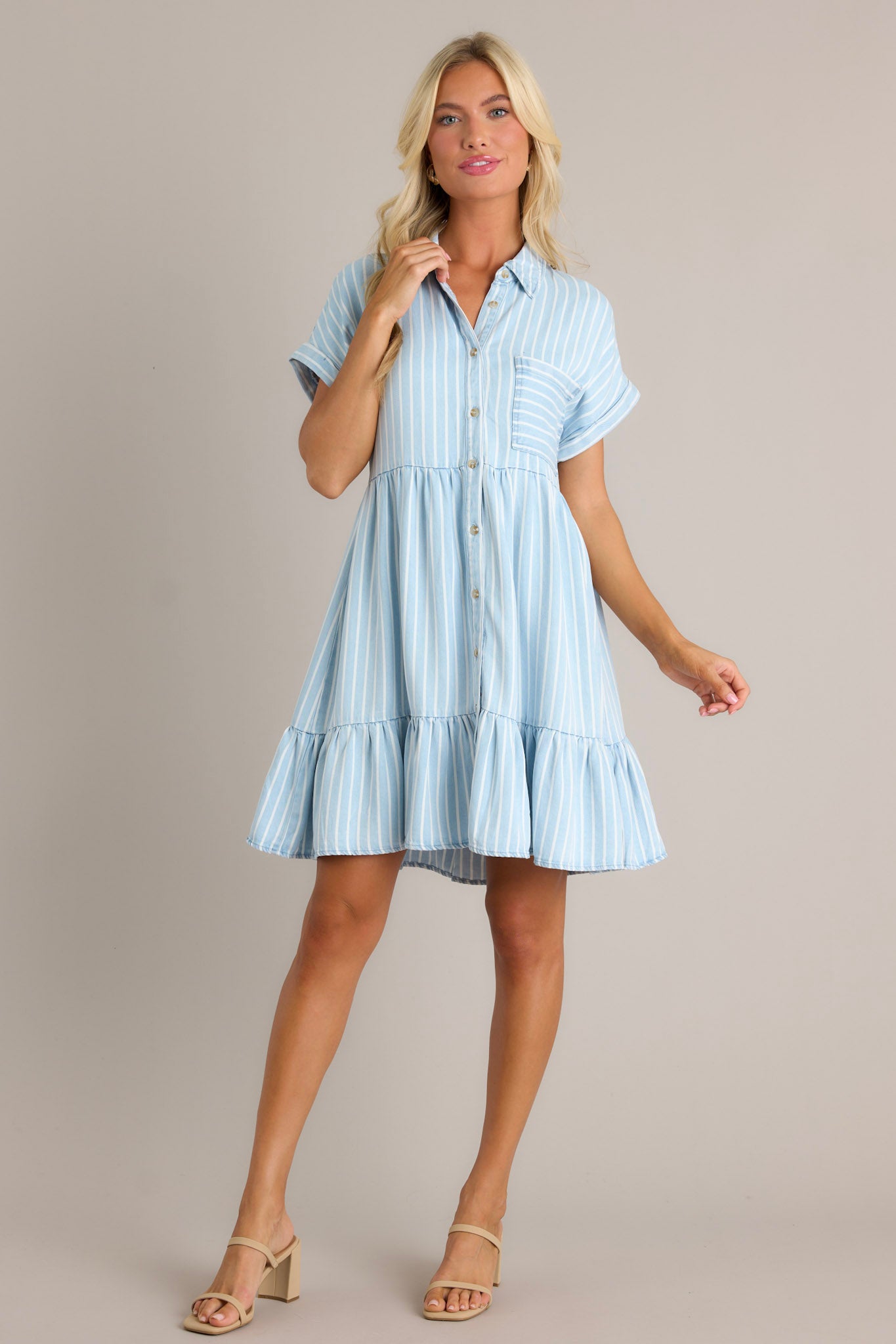 Whispering Waves Chambray Stripe Short Sleeve Mini Dress