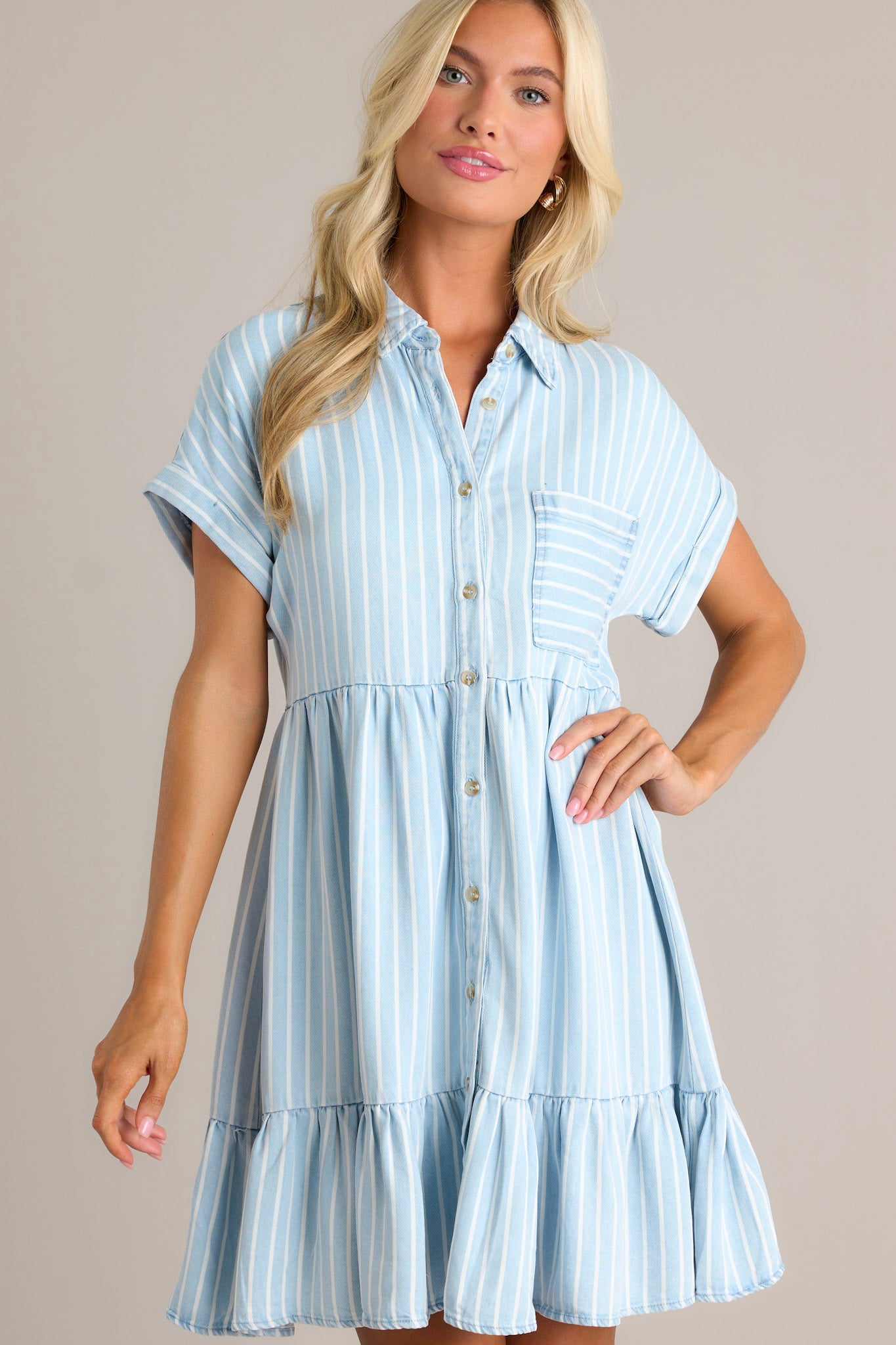 Whispering Waves Chambray Stripe Short Sleeve Mini Dress