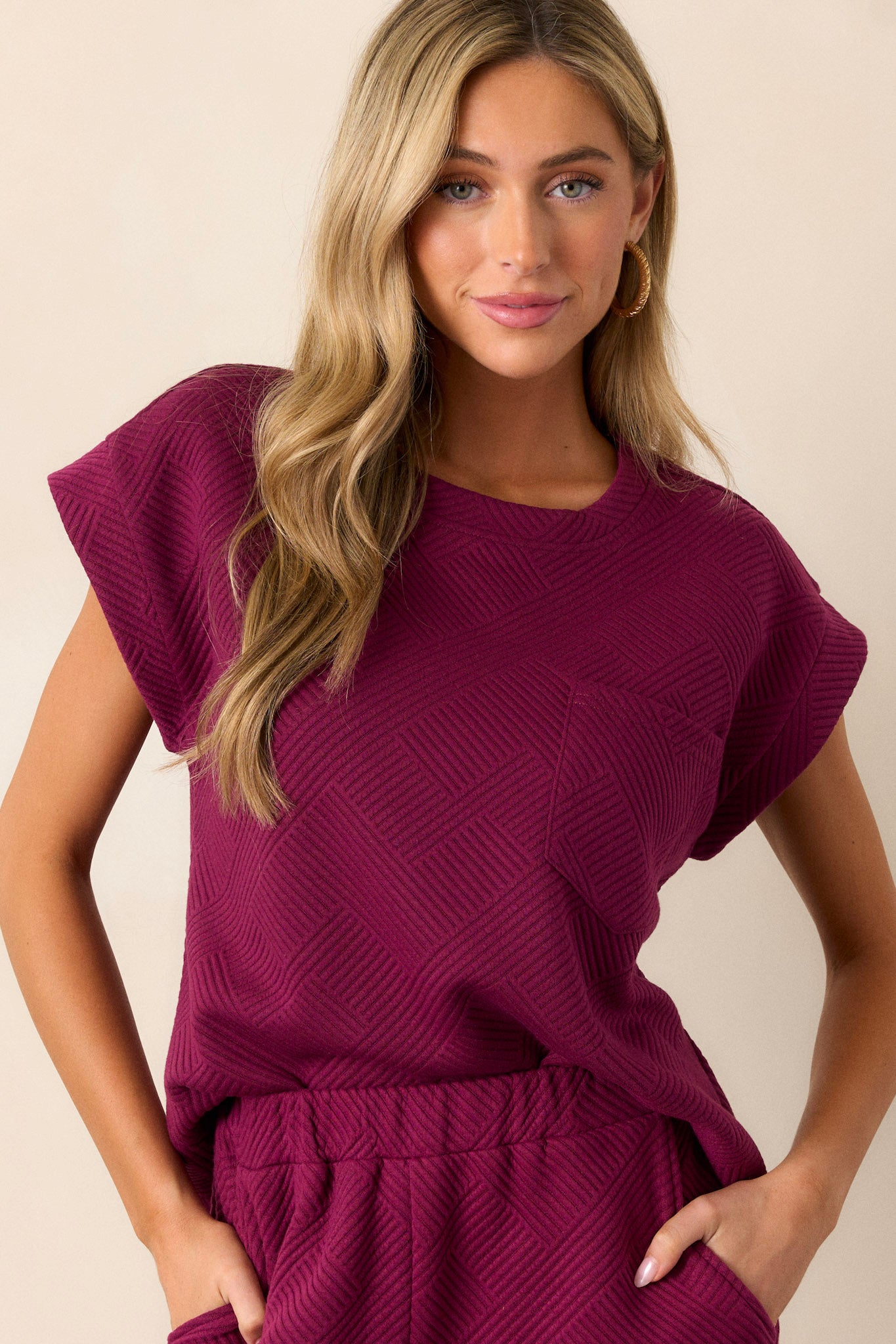 Keep It Creative Dark Sangria Textured Short Sleeve Top