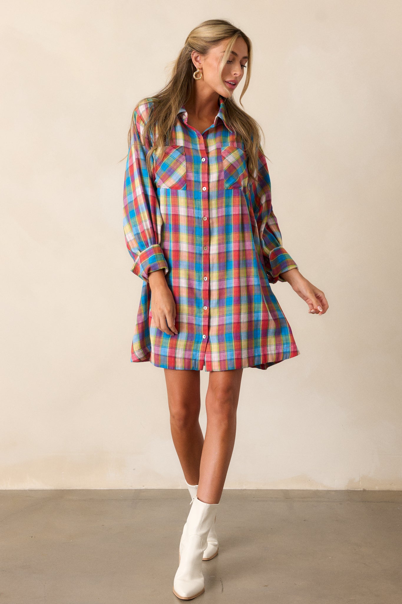 Gliding By Cotton Blue Multi Plaid Mini Dress