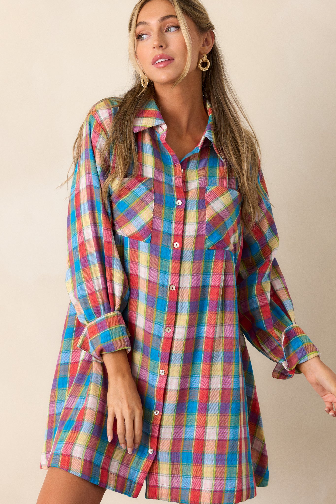 Gliding By Cotton Blue Multi Plaid Mini Dress