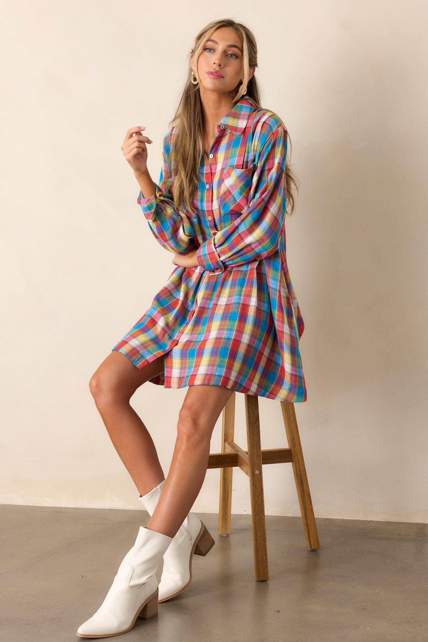 Gliding By Cotton Blue Multi Plaid Mini Dress