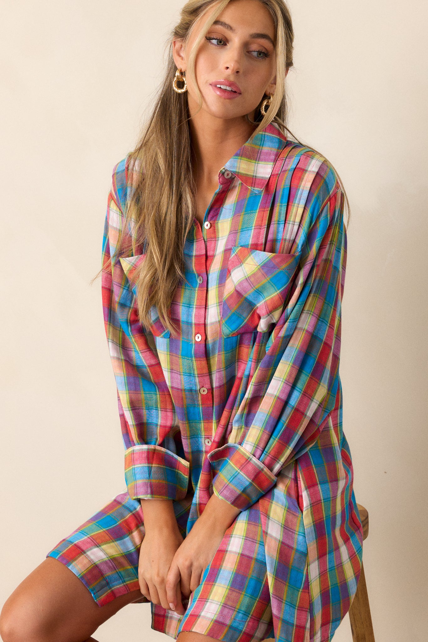 Gliding By Cotton Blue Multi Plaid Mini Dress