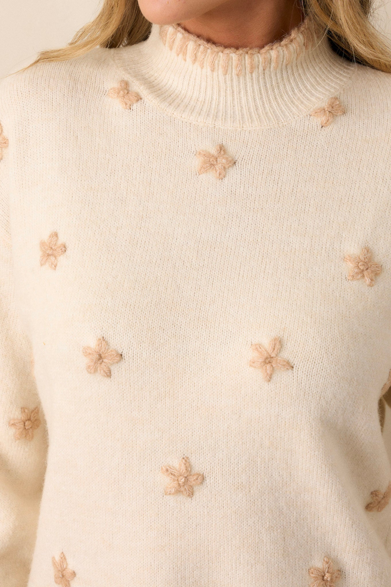 A close-up of the embroidered blanket stitch detailing on the ivory sweater, focusing on the fine stitching and ribbed mock neck texture.