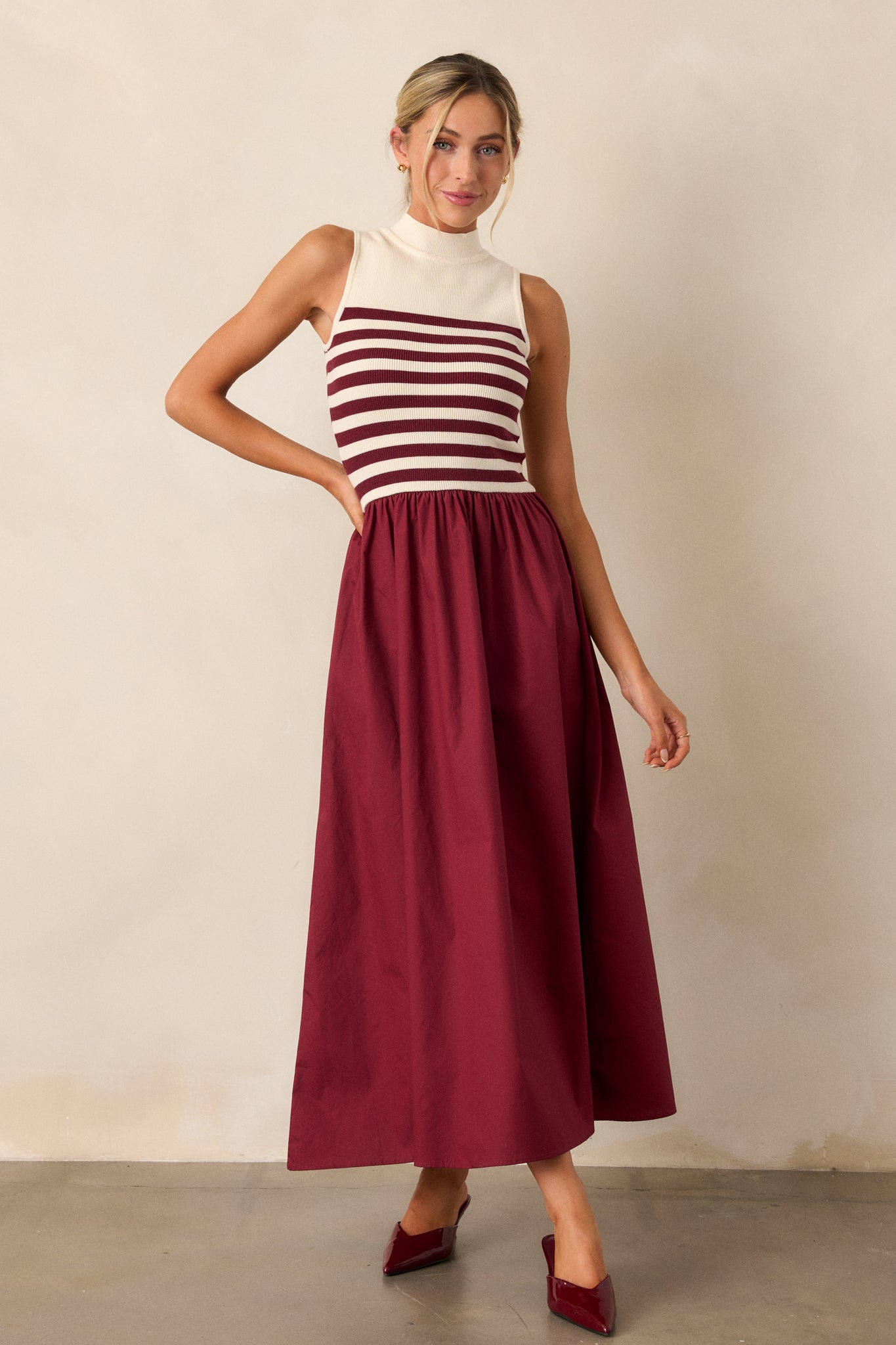 Timeless Treasures Burgundy Sleeveless Striped Maxi Dress