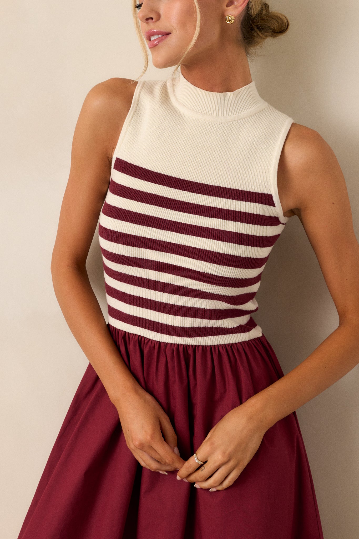 Timeless Treasures Burgundy Sleeveless Striped Maxi Dress