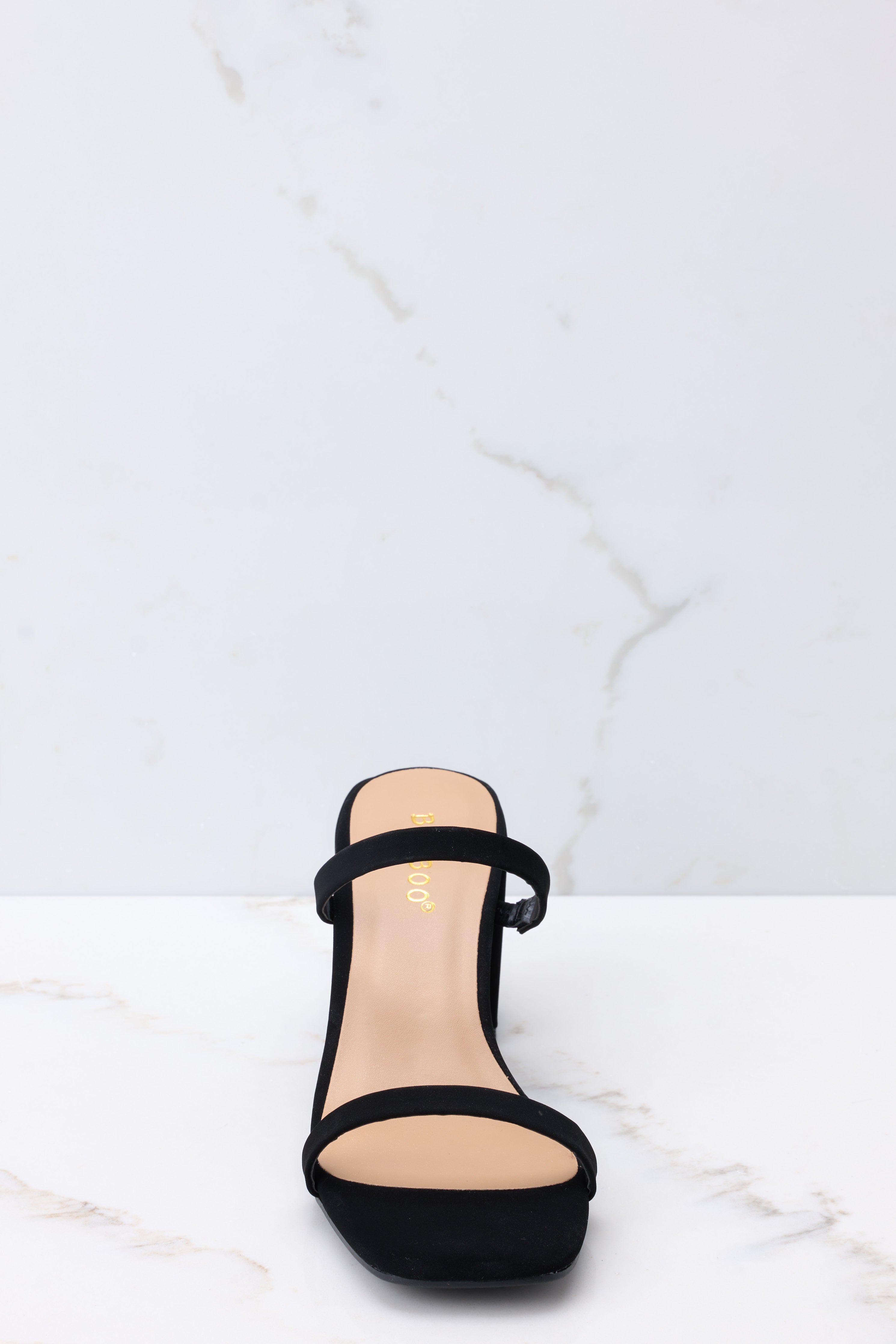 Front view of these shoes that feature a square toe, beige insole, two matching straps, a matching color heel, and a slip on style.