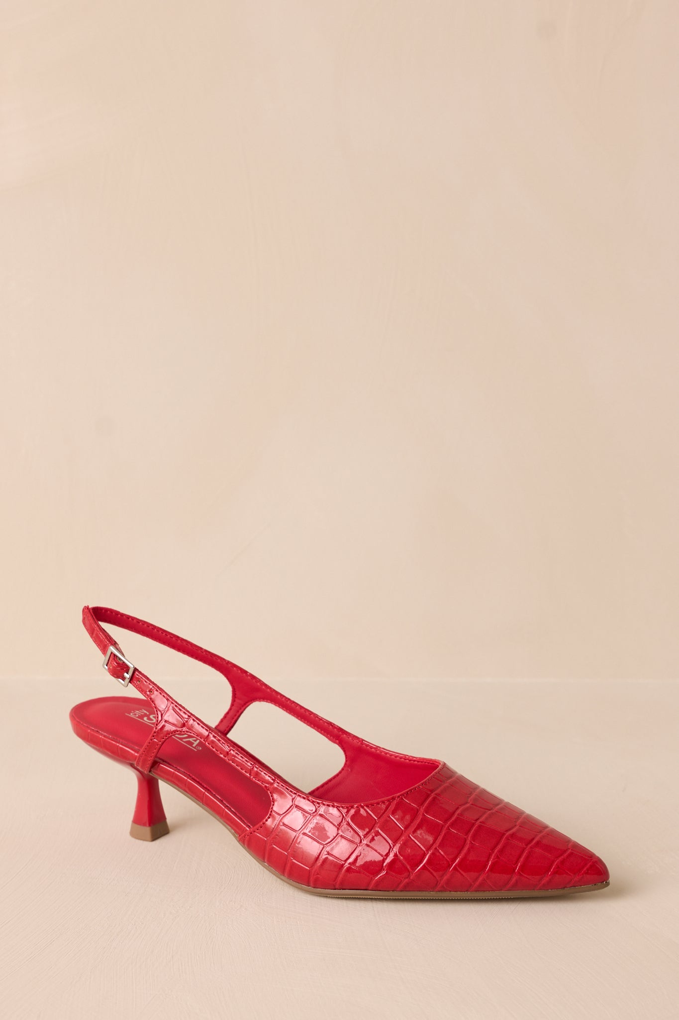 Angled side view of these red heels that feature a small gold buckle detailing, a pointed heel and small cutout detail on the side.