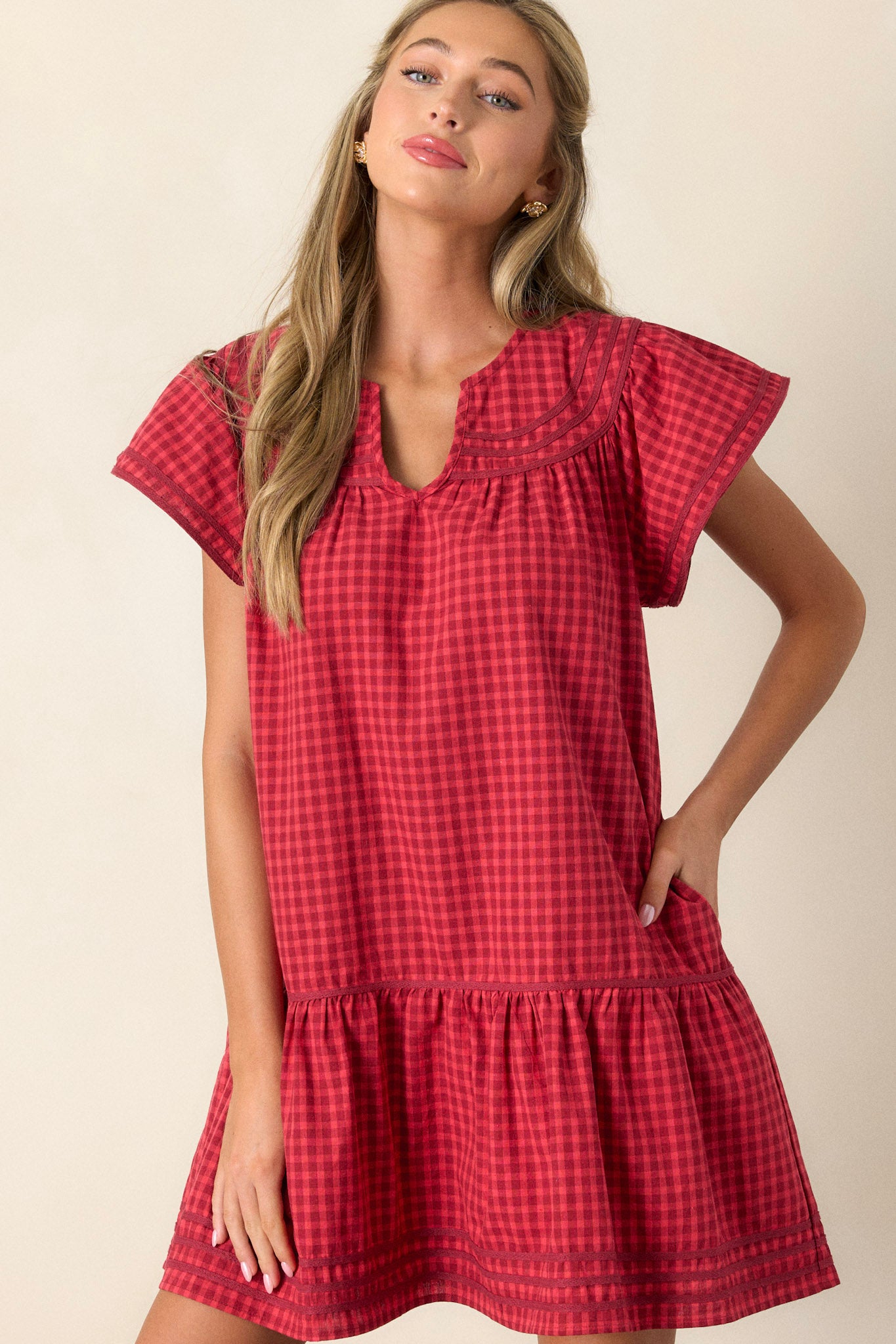 Picnic Day Cotton Red Gingham Mini Dress