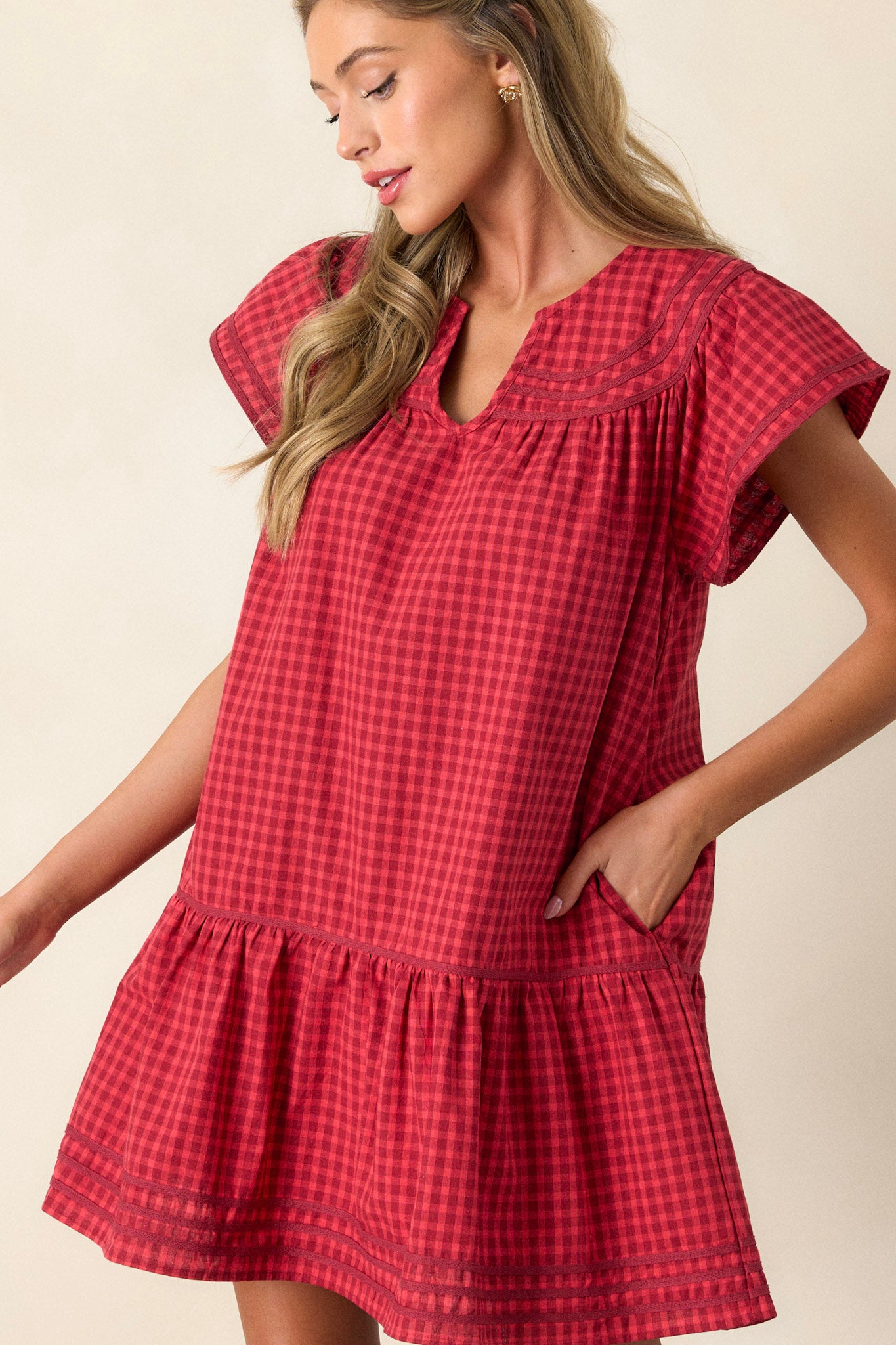 Picnic Day Cotton Red Gingham Mini Dress