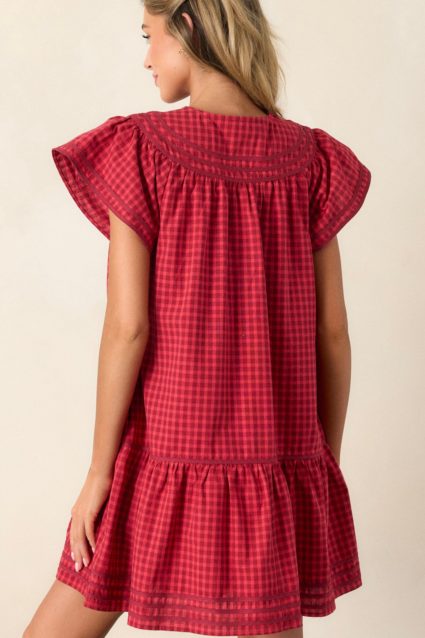 Picnic Day Cotton Red Gingham Mini Dress