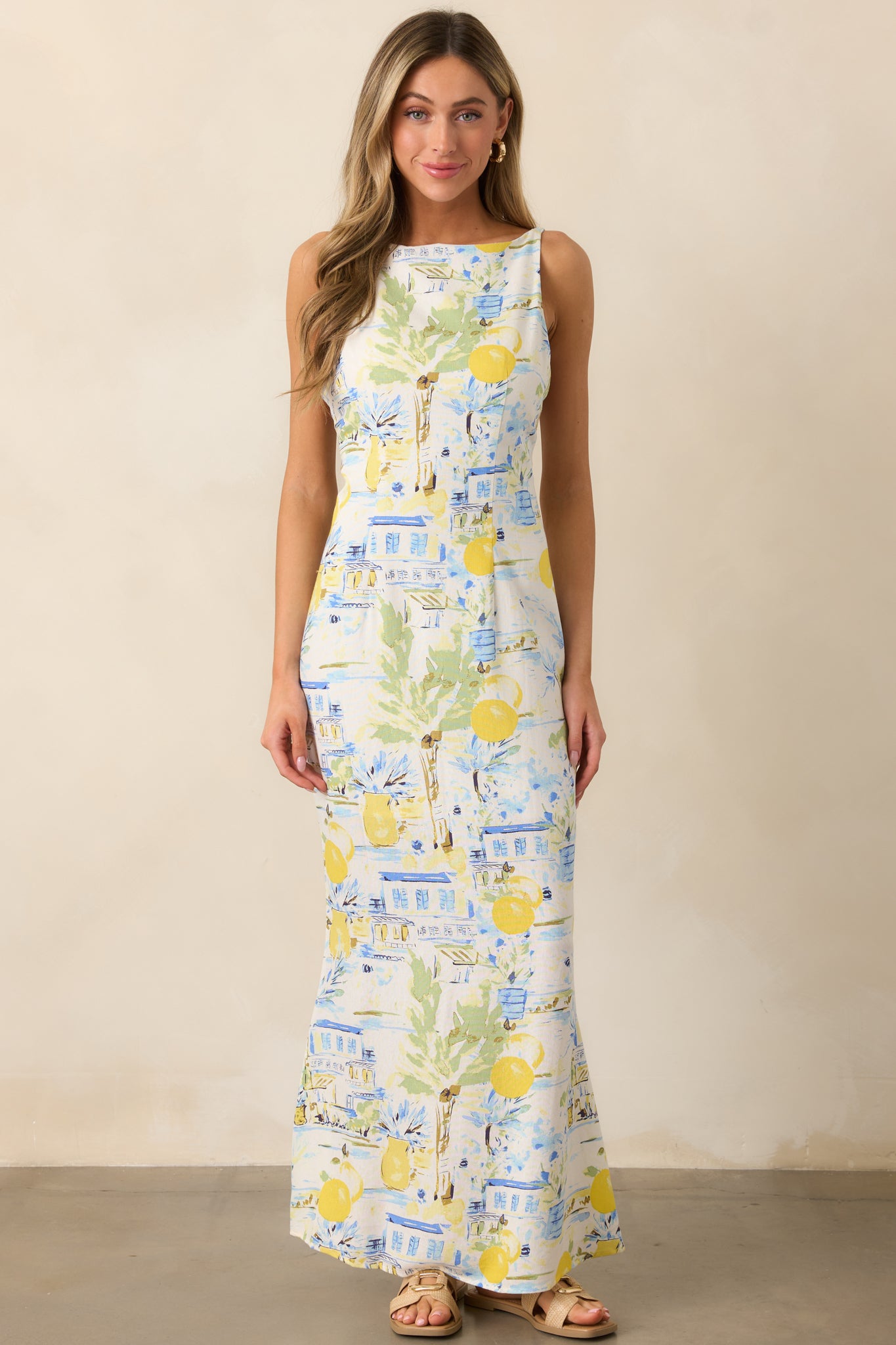 Seaside Strolling Ivory Watercolor Print Maxi Dress