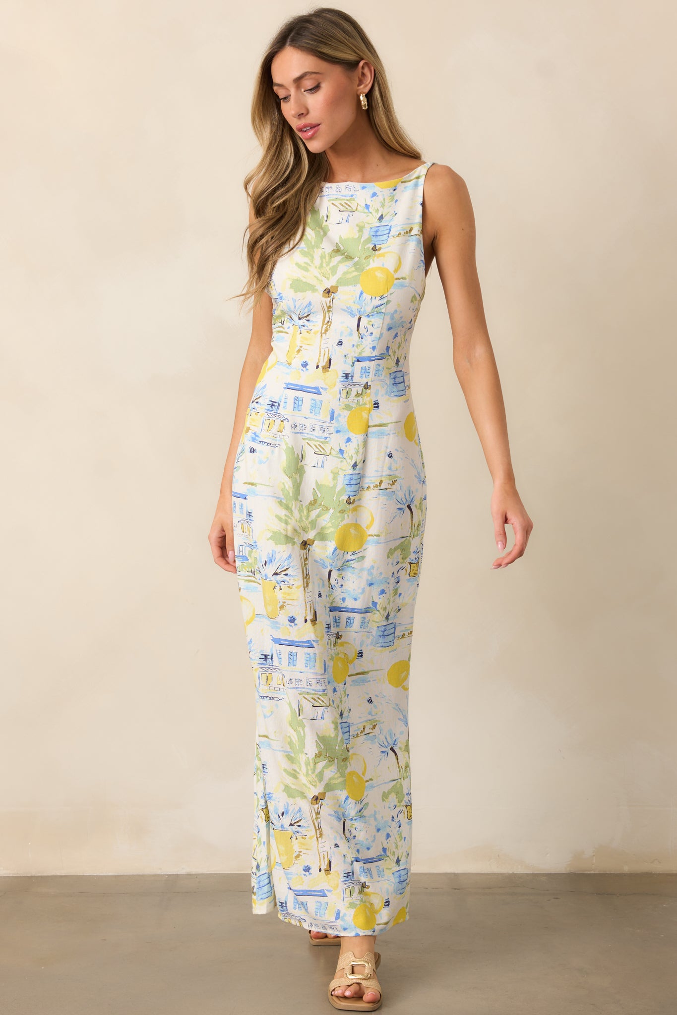 Seaside Strolling Ivory Watercolor Print Maxi Dress