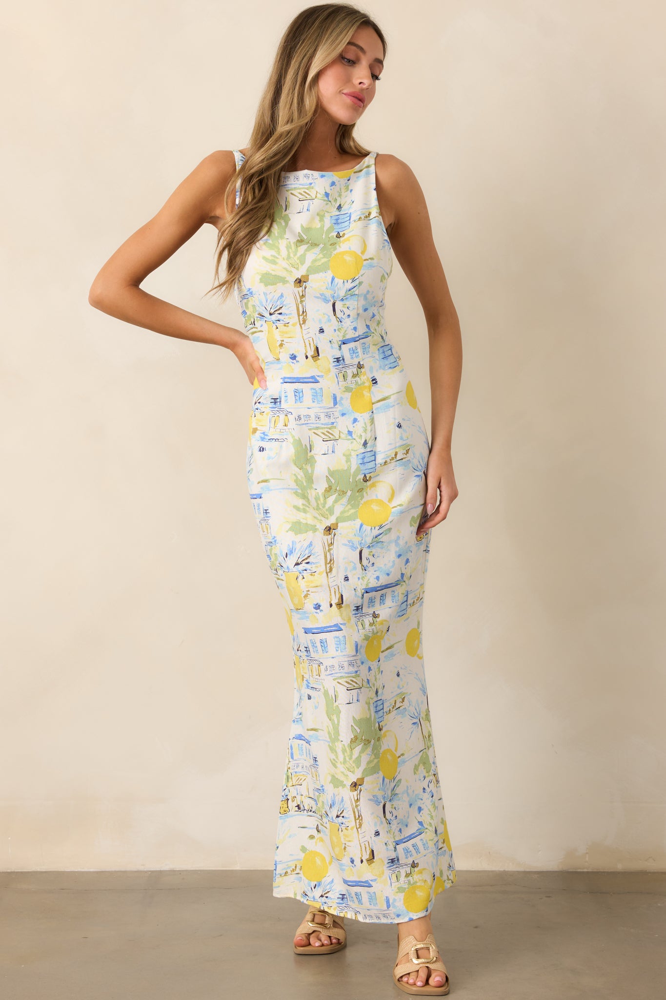 Seaside Strolling Ivory Watercolor Print Maxi Dress