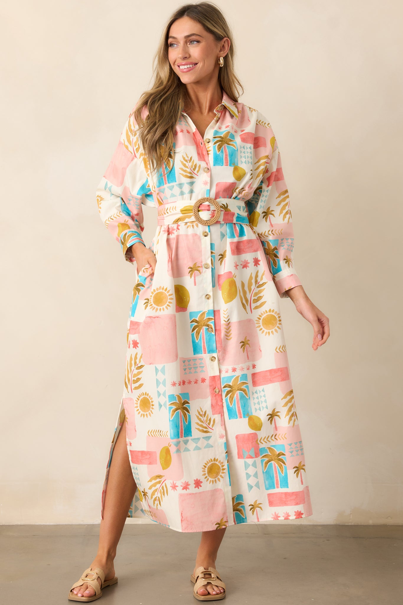 Palms & Paradise Pink Multi Tropical Print Button Front Midi Dress