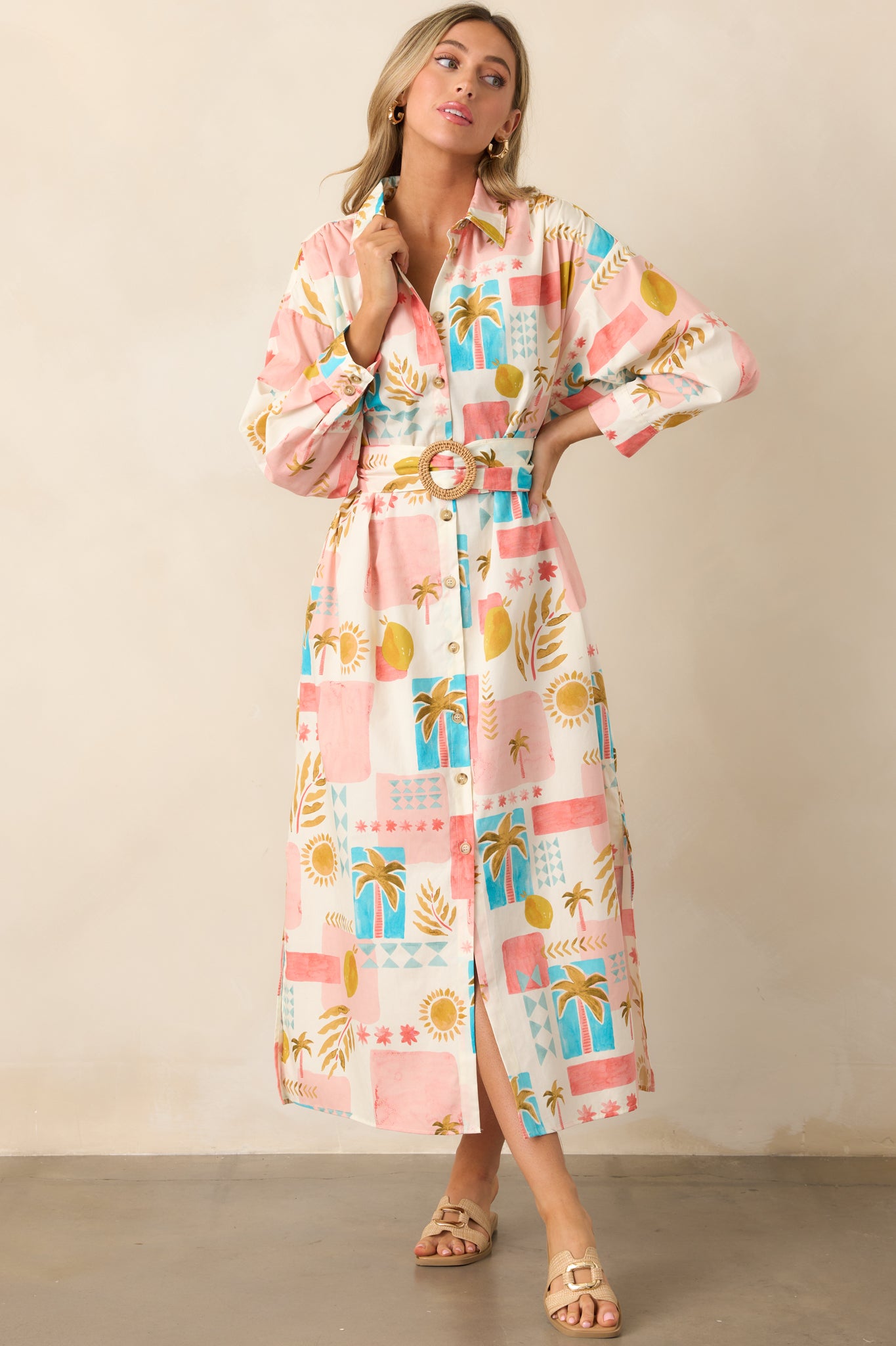 Palms & Paradise Pink Multi Tropical Print Button Front Midi Dress