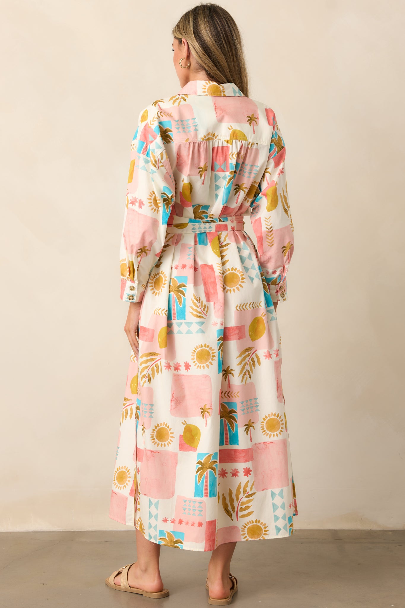 Palms & Paradise Pink Multi Tropical Print Button Front Midi Dress