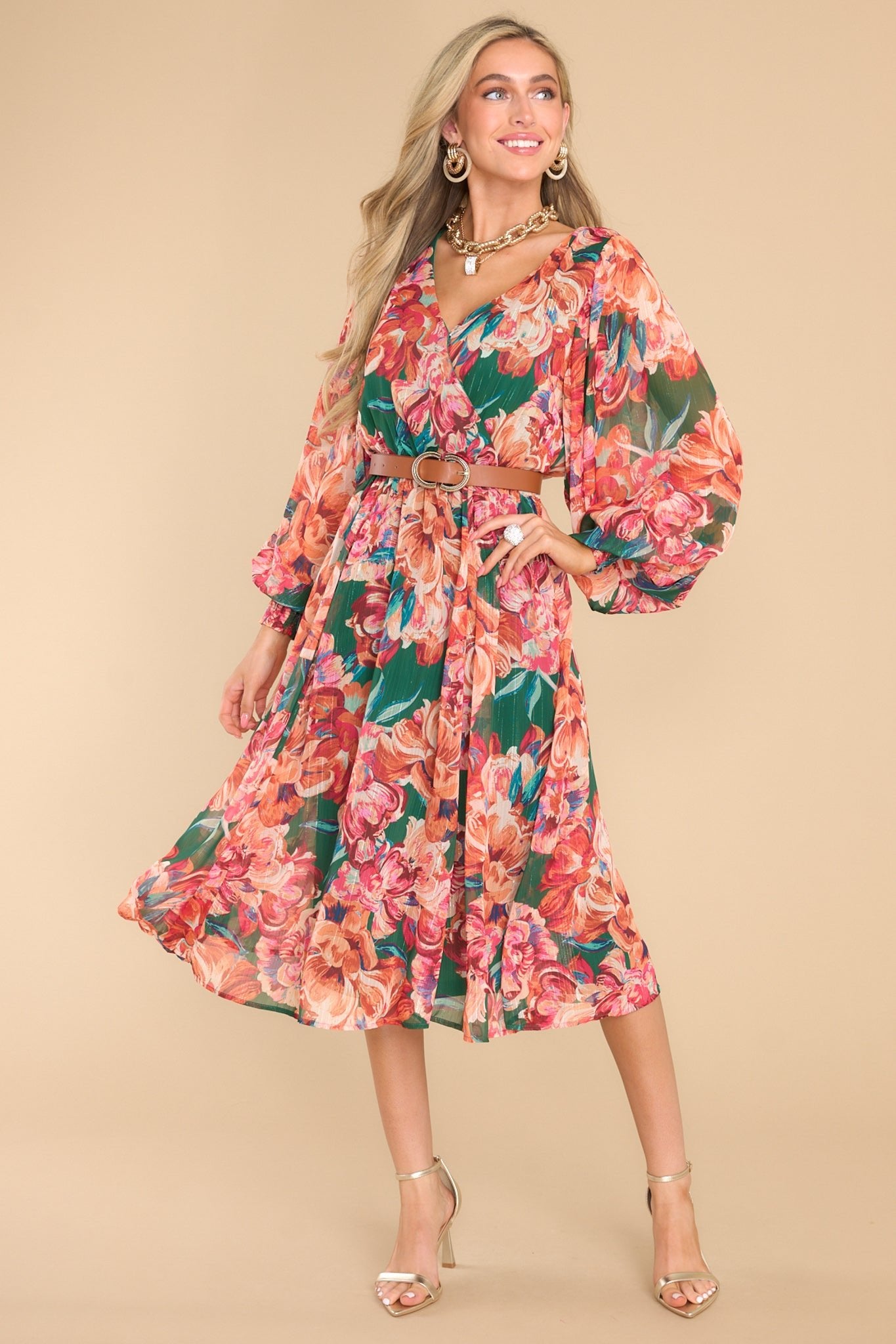 After Party Hours Green Floral Print Midi Dress - Red Dress