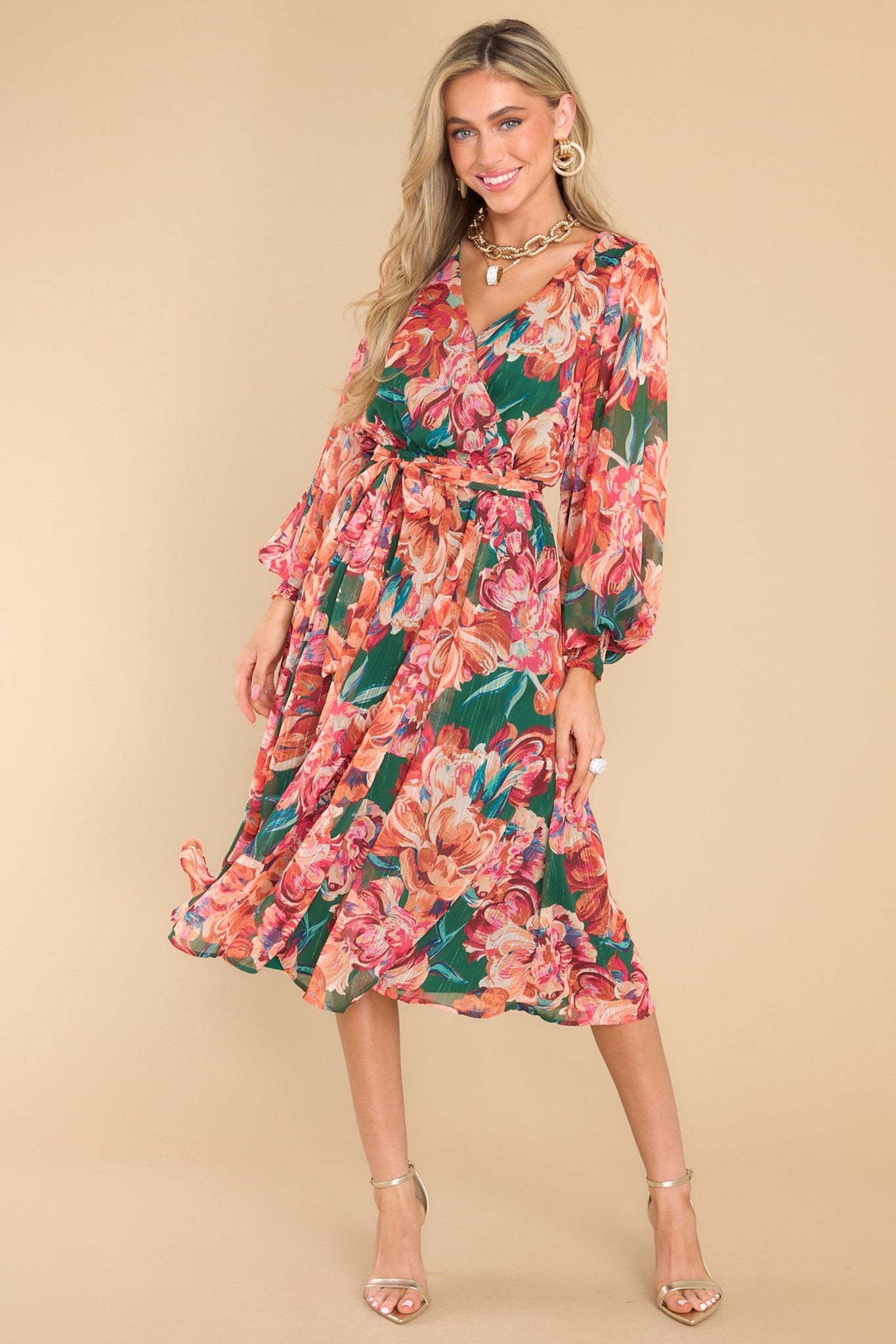 After Party Hours Green Floral Print Midi Dress - Red Dress