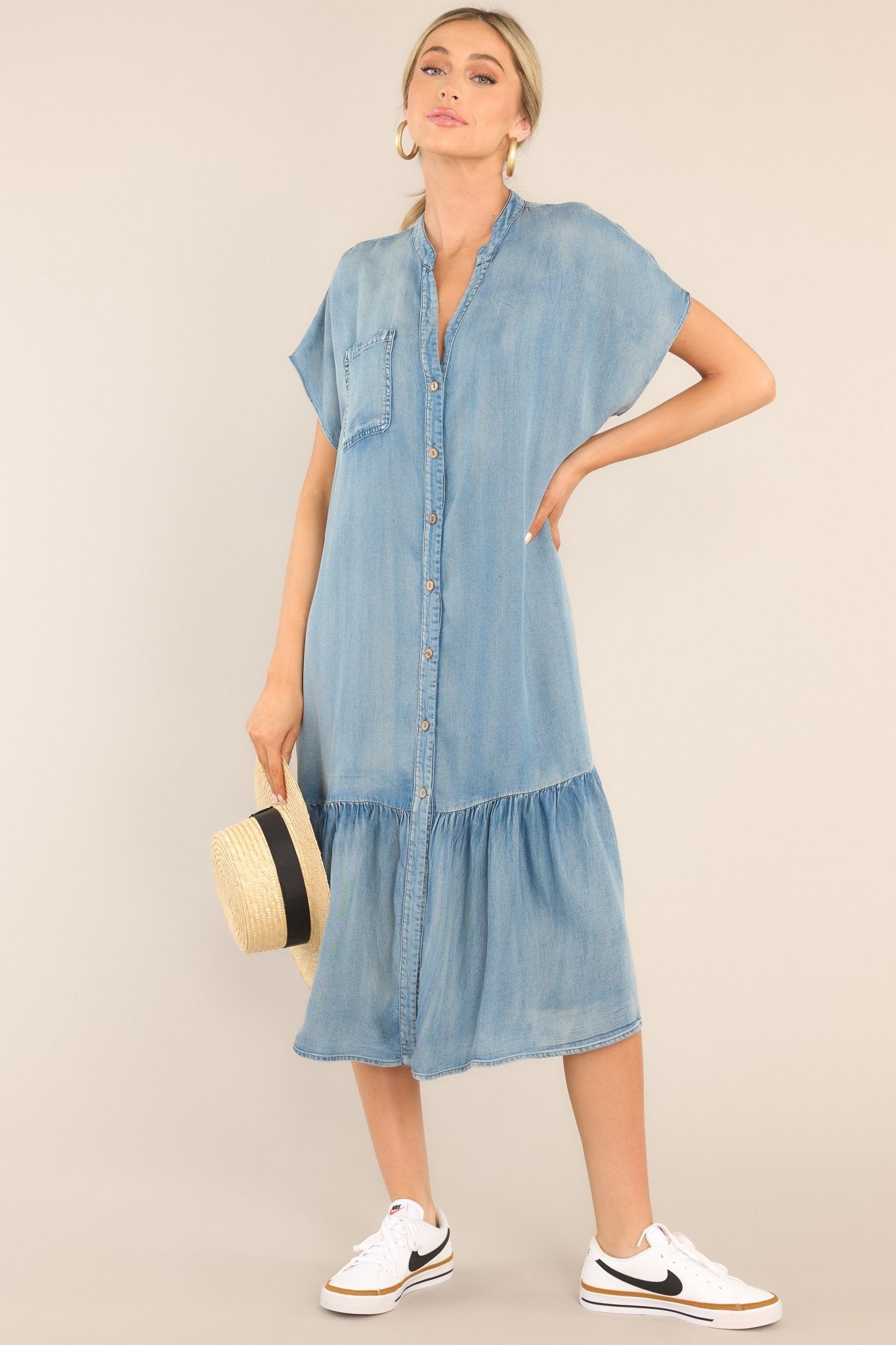 Another Crush Chambray Midi Shirt Dress - Red Dress