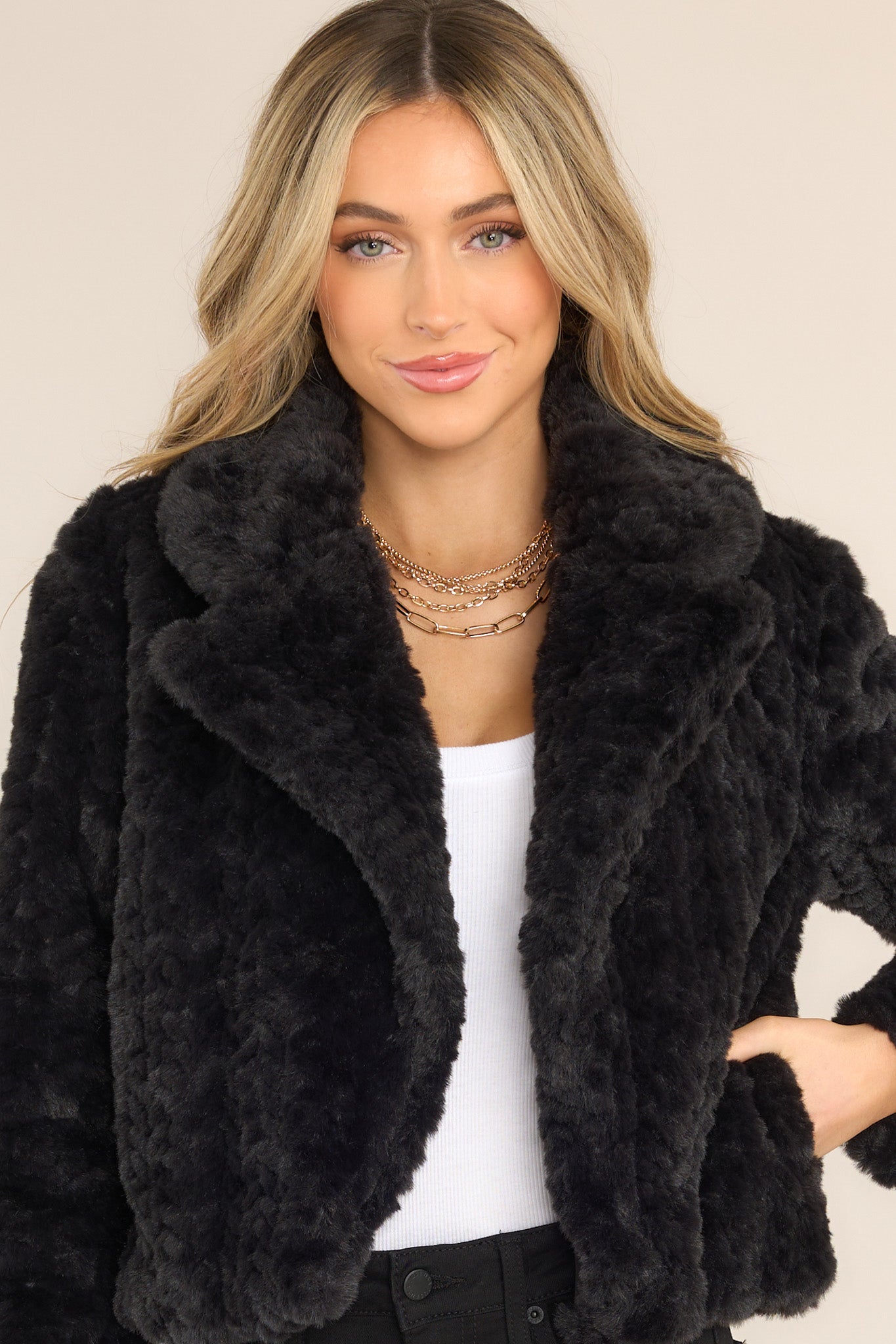 Arctic Glamour Faux Fur Black Jacket - Red Dress