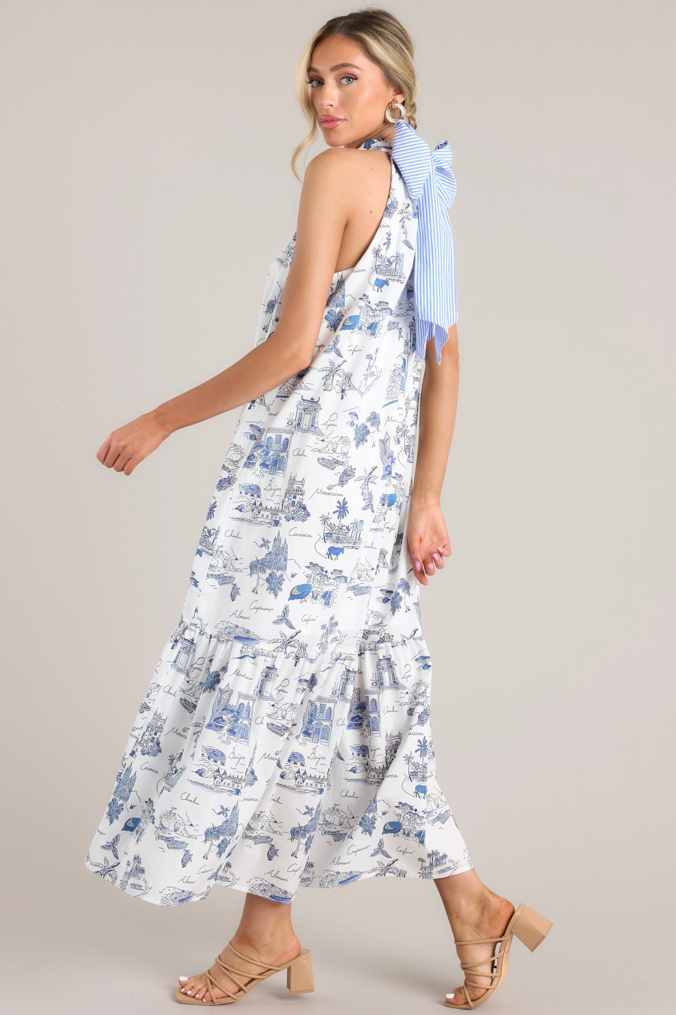 Beachside Party Blue & White Island Print Maxi Dress - Red Dress