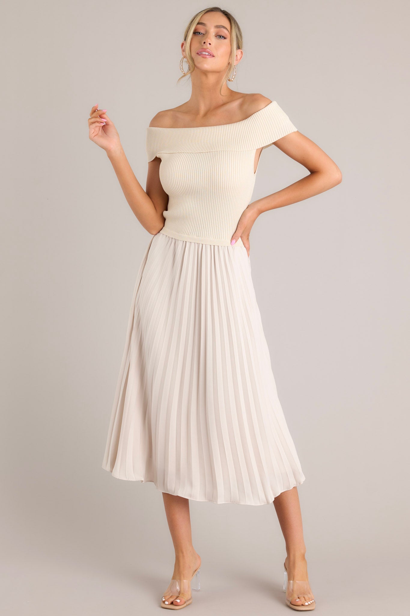 Beautiful Life Beige Pleated Midi Dress - Red Dress