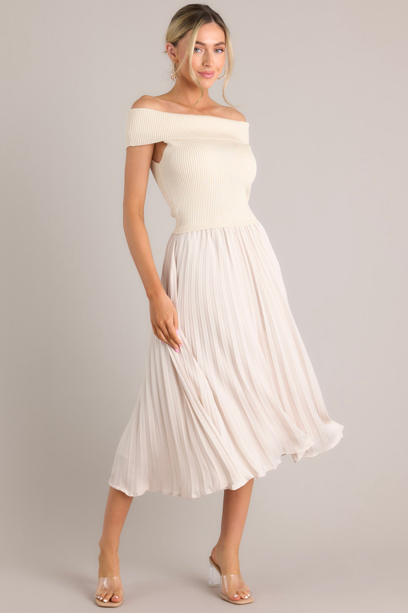 Beautiful Life Beige Pleated Midi Dress - Red Dress