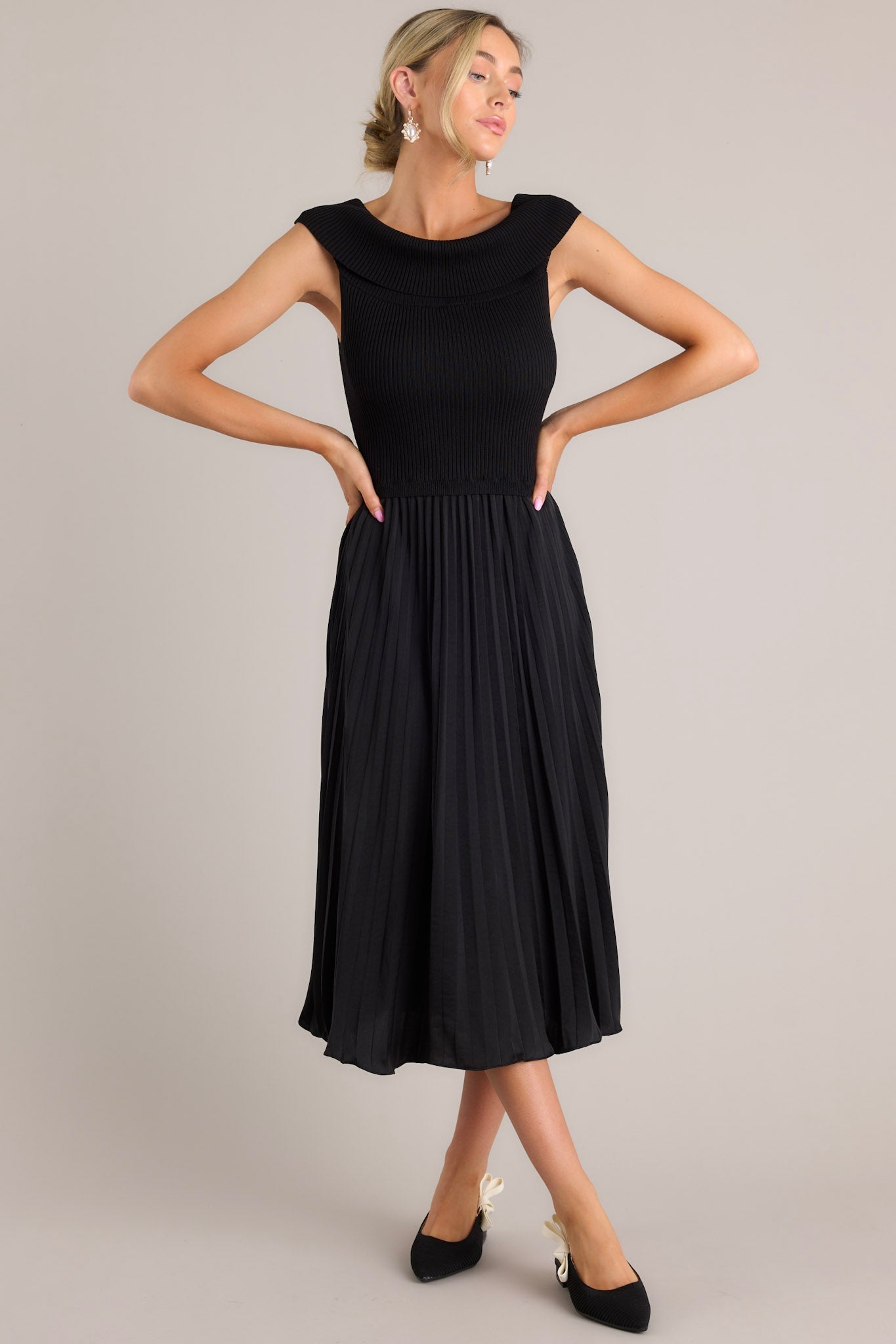 Beautiful Life Black Pleated Midi Dress - Red Dress