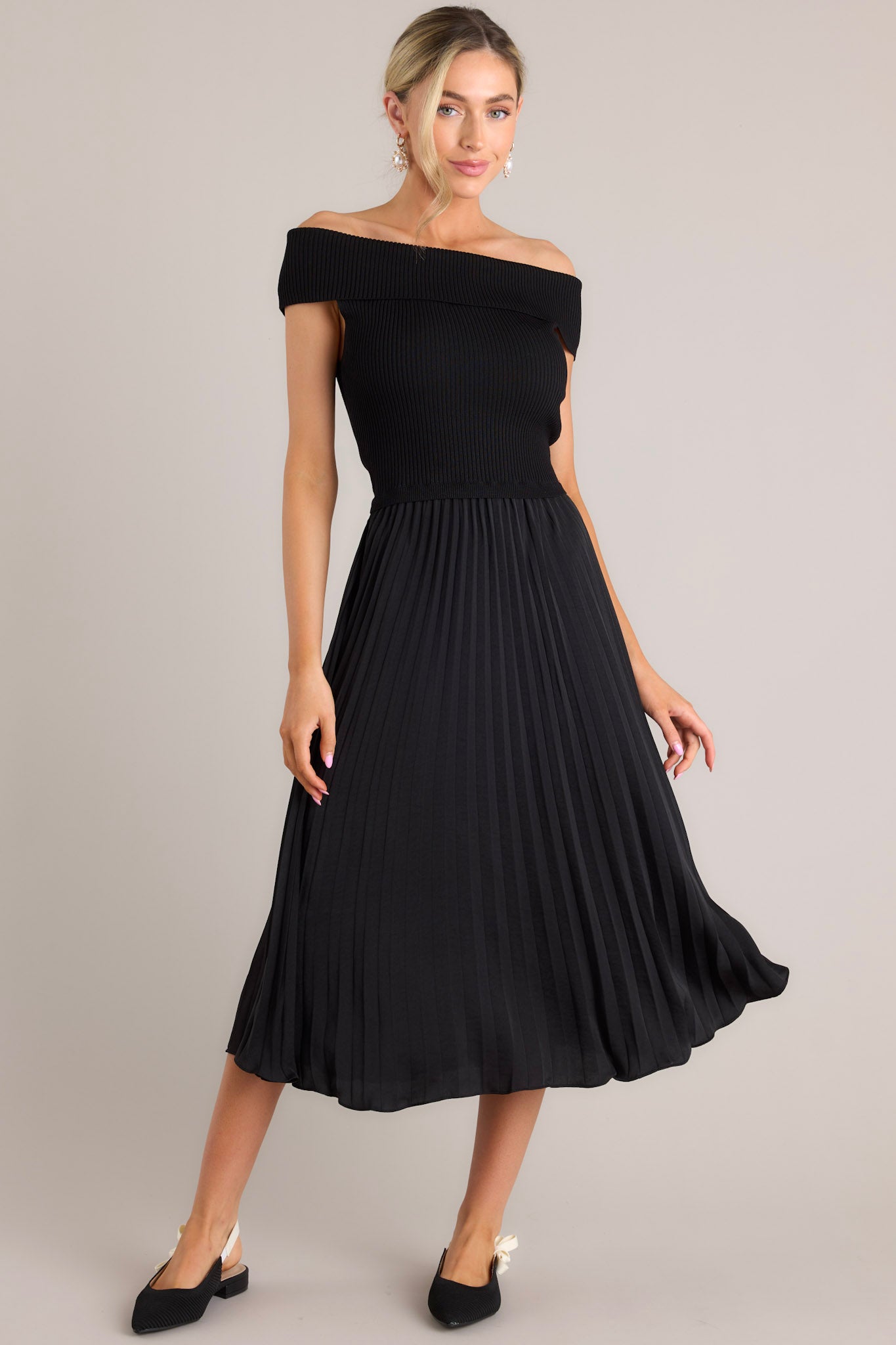 Beautiful Life Black Pleated Midi Dress - Red Dress