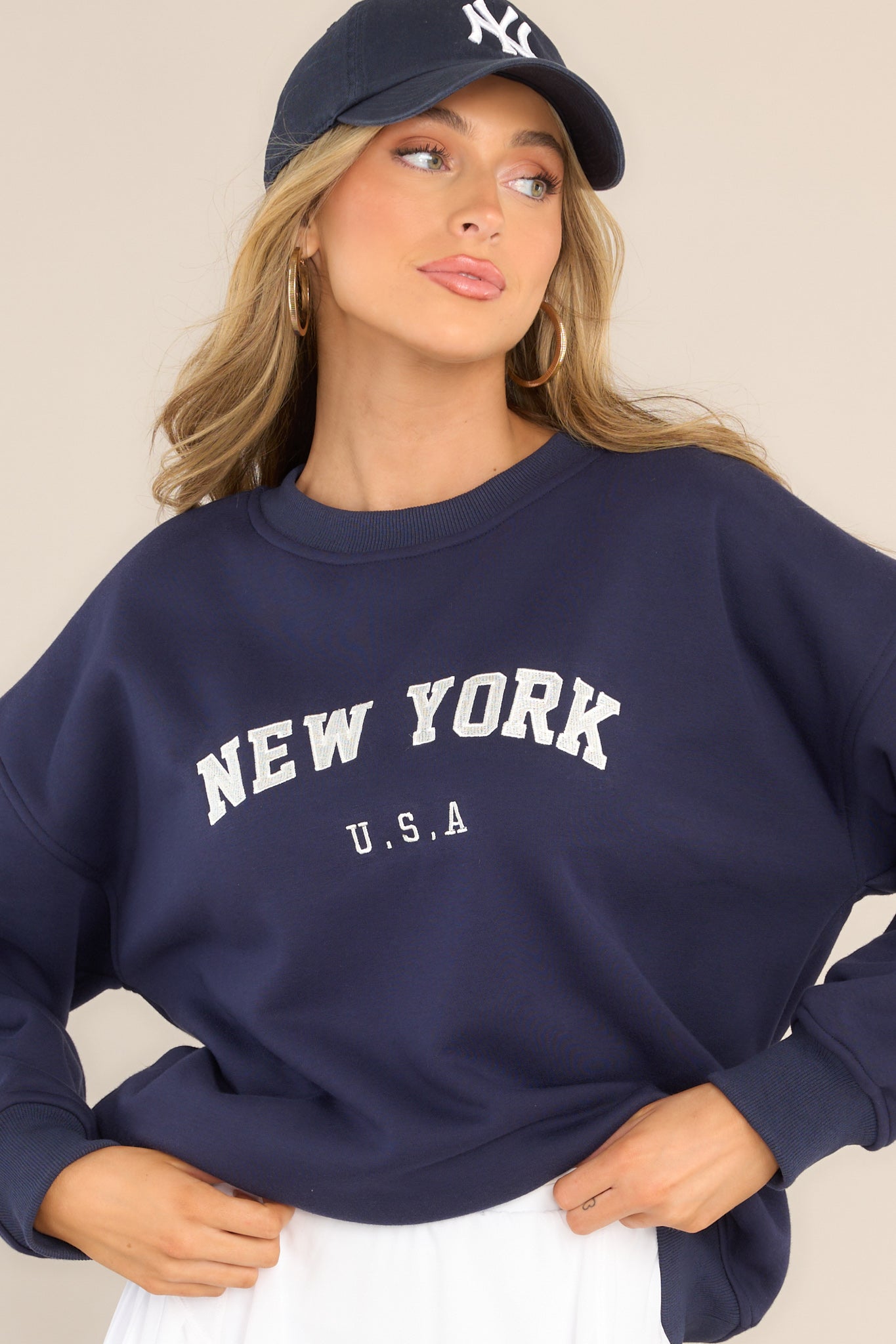 Big City Navy Blue Embroidered Pullover Sweatshirt - Red Dress