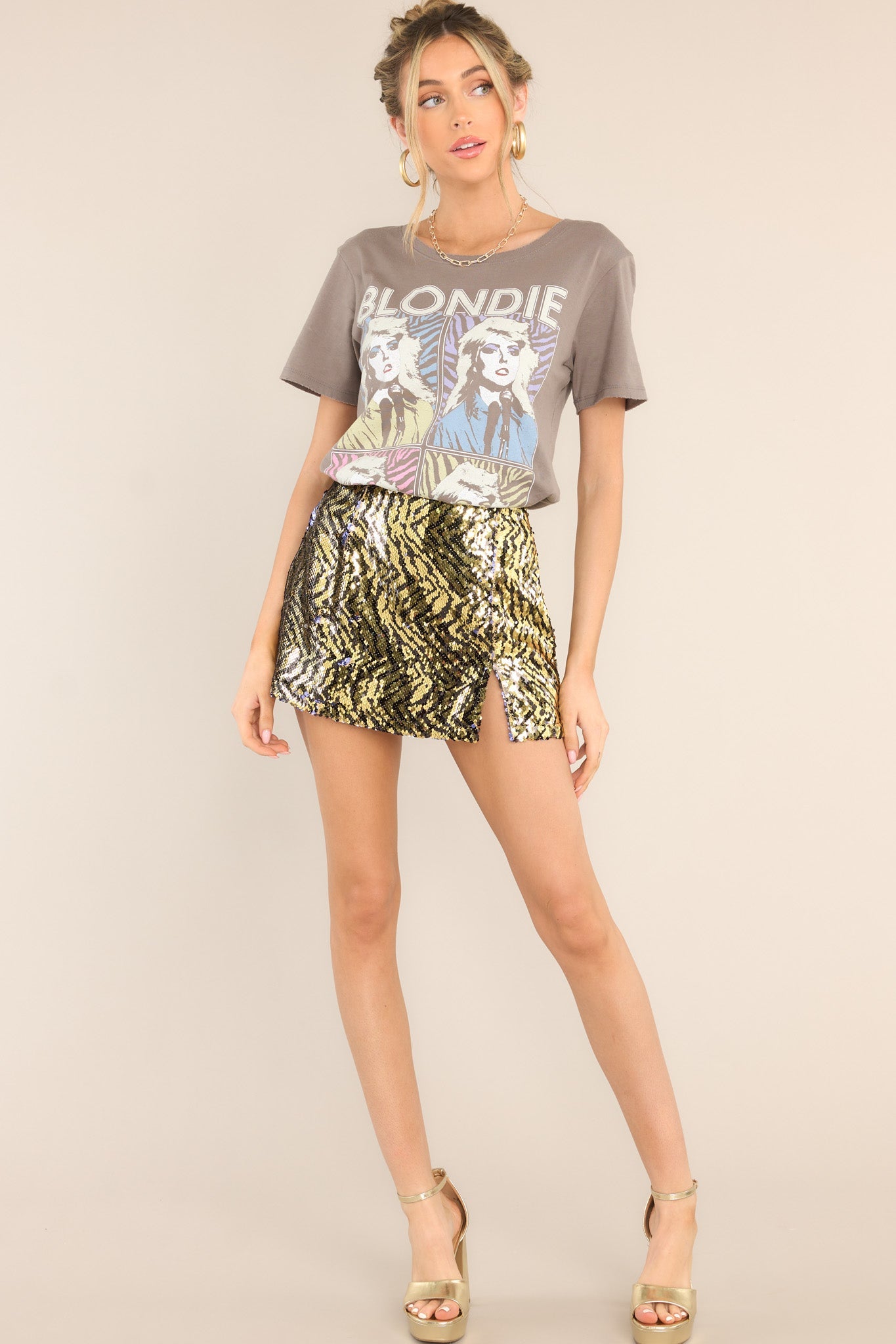 Blondie Pop Art Vintage Wash Grey Tee - Red Dress