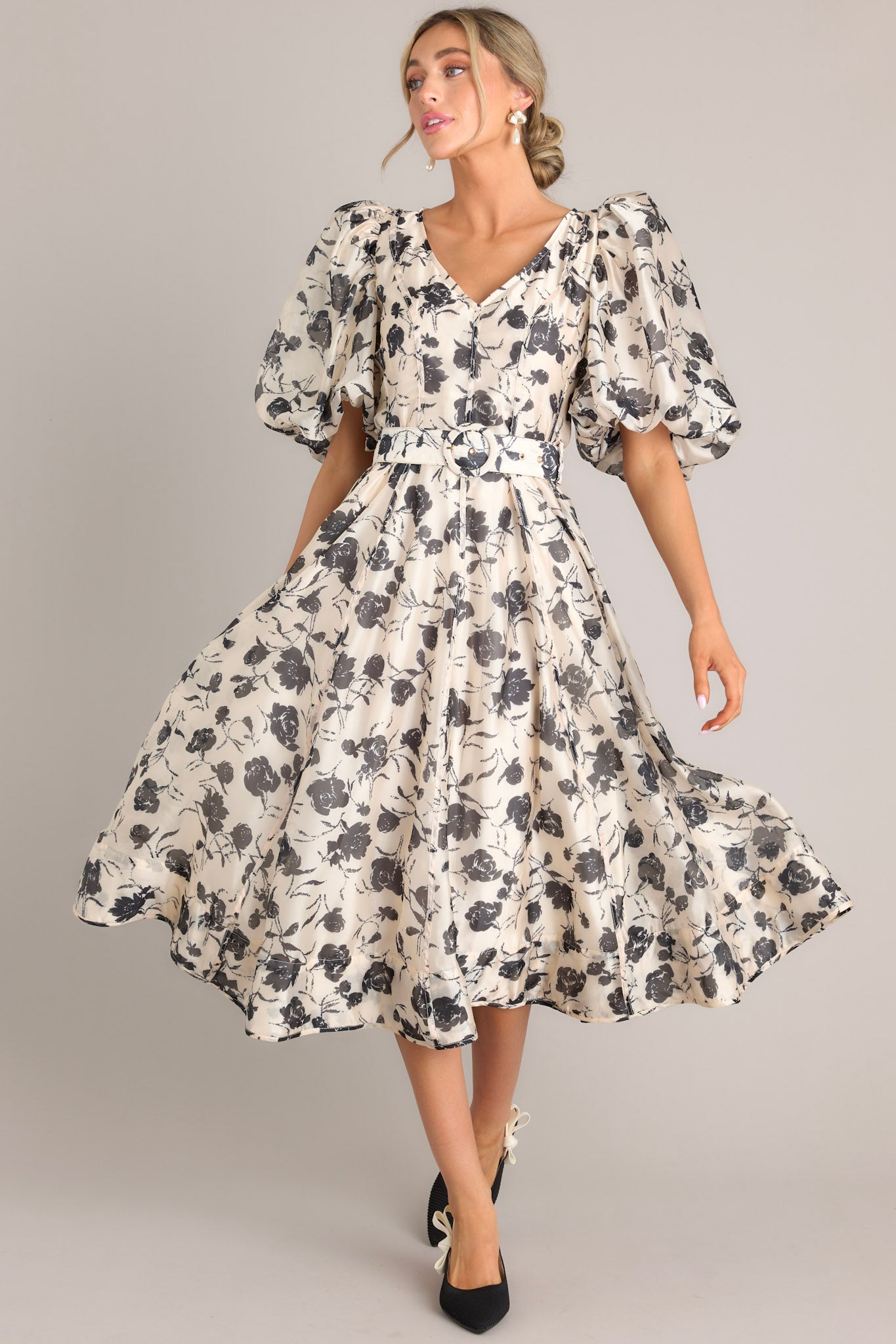 Blossoming Resilience Ivory & Black Floral Belted Midi Dress - Red Dress