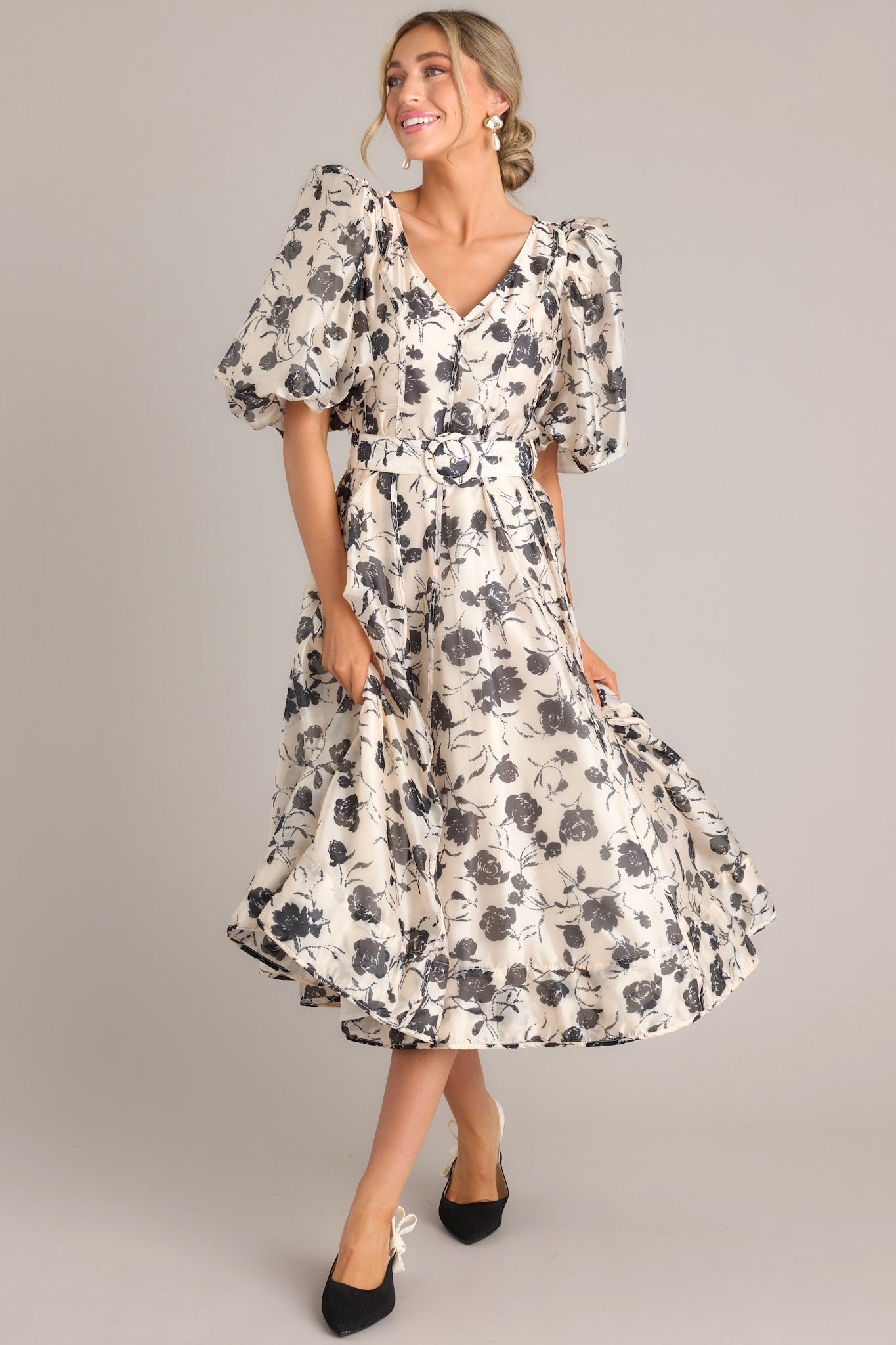 Blossoming Resilience Ivory & Black Floral Belted Midi Dress - Red Dress