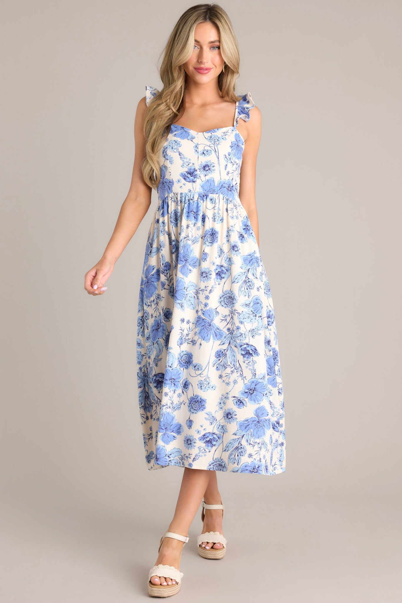 Blossoms Of Belief Ivory & Blue Floral Midi Dress (BACKORDER JUNE) - Red Dress